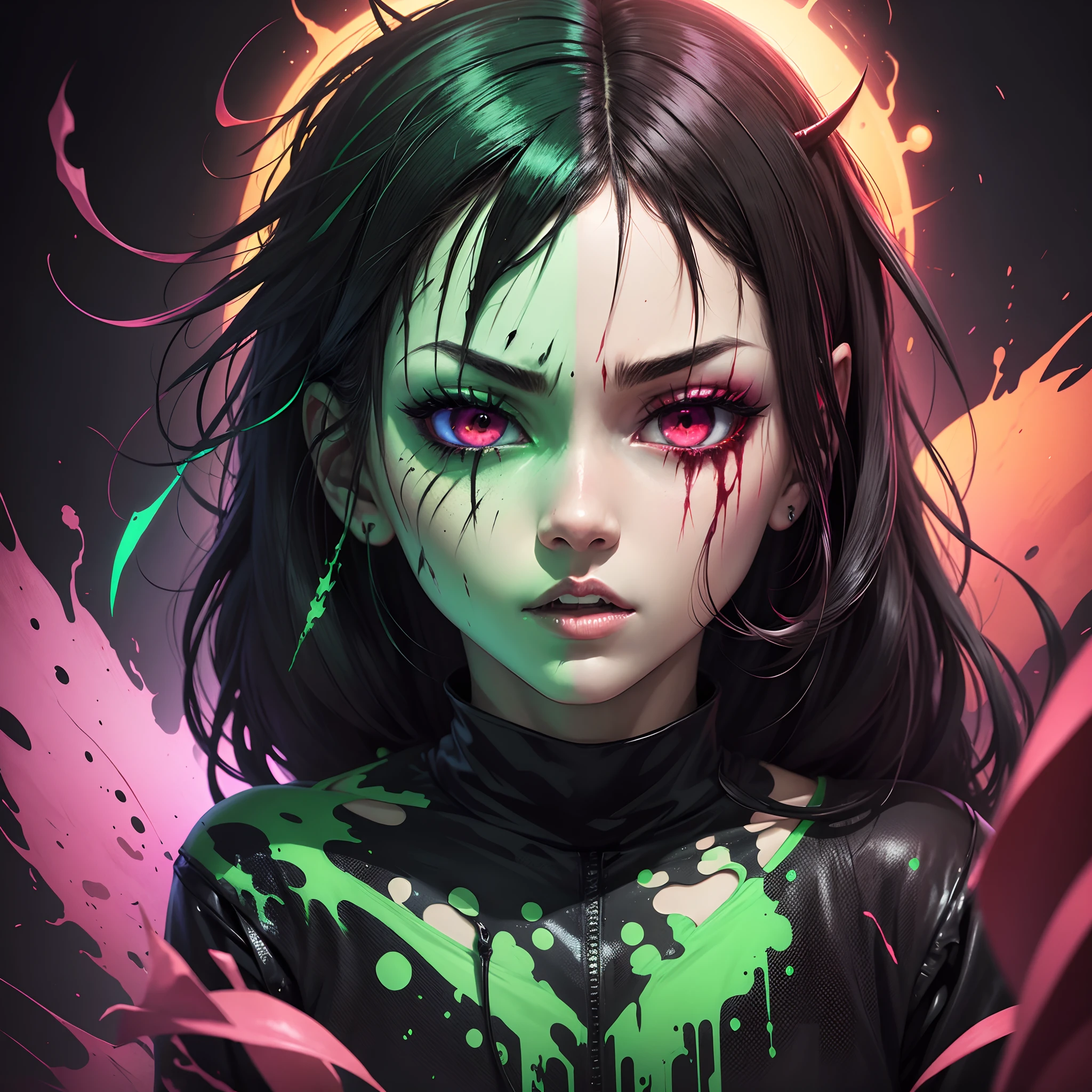 The anime funk horror album cover has blood on the face and one neon green eye like the devil and the other black eye with neon green tints.