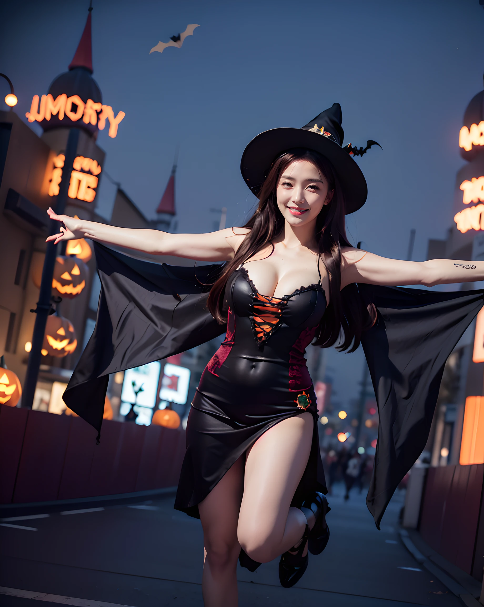 (Halloween theme:1.5), (fantasy:1.5), (Alice in wonderland:1.3),(halloween shibuya:1.3), (halloween zombie party:1.3), portrait of a very busty beautiful Korean German girl wearing halloween sexy attaire, skin tight red velvet ultra detailed embroidery gothic lolita, (fusion of red velvet gothic lolita and witch robe:1.3), BREAK, (K-pop idol:1.3), ((;D1.3, happy evil smile:1.2)), perfect face,perfect eyes,HD details,high details,sharp focus,studio photo,HD makeup,shimmery makeup,celebrity makeup, zombie maleup, ((centered image)) (HD render)Studio portrait,magic, magical, fantasy,(huge breasts)(large breasts),(big breasts),(sagging breasts), cityscape, halloween cityscape, night, night city view:1.3, halloween shibuya background, ((front view:1.3), from above, top angle, blurry night background, (spread arms:1.5), (JUMP:1.5), (jumping:1.5), (dynamic:1.5, (dynamic pose:1.3), (dynamic angle:1.3),