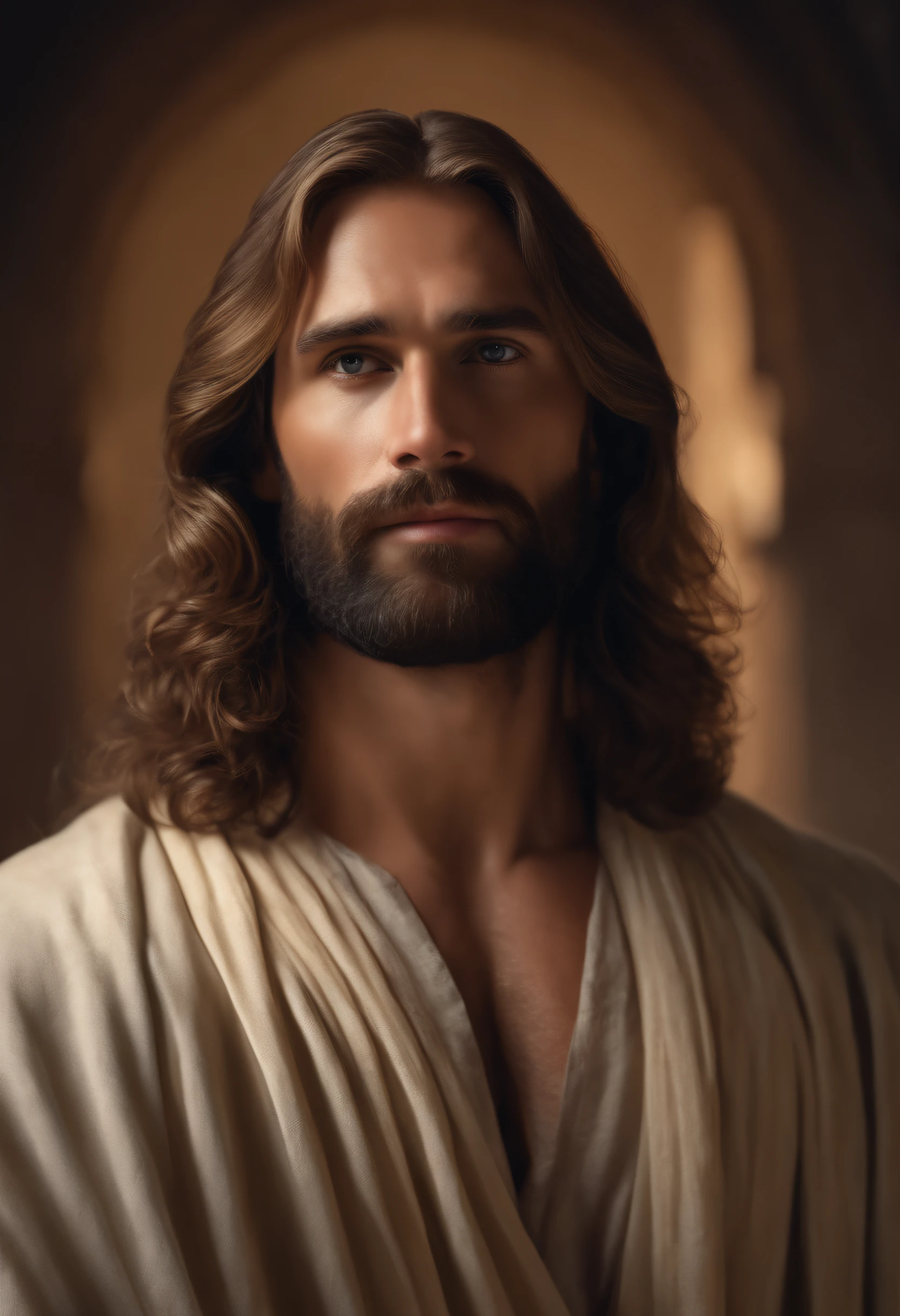 Arafed image of a man with long hair and beard, portrait of Jesus Christ, Jesus Christ, Greg Olsen, Jesus of Nazareth, painted in high resolution, The Lord and Savior, Jon McNaughton, 8K resolution. Oil on canvas, face of Jesus, portrait of religious masterpiece, ultra detail. Digital painting, dressed as Jesus Christ, very beautiful portrait, heavenly background