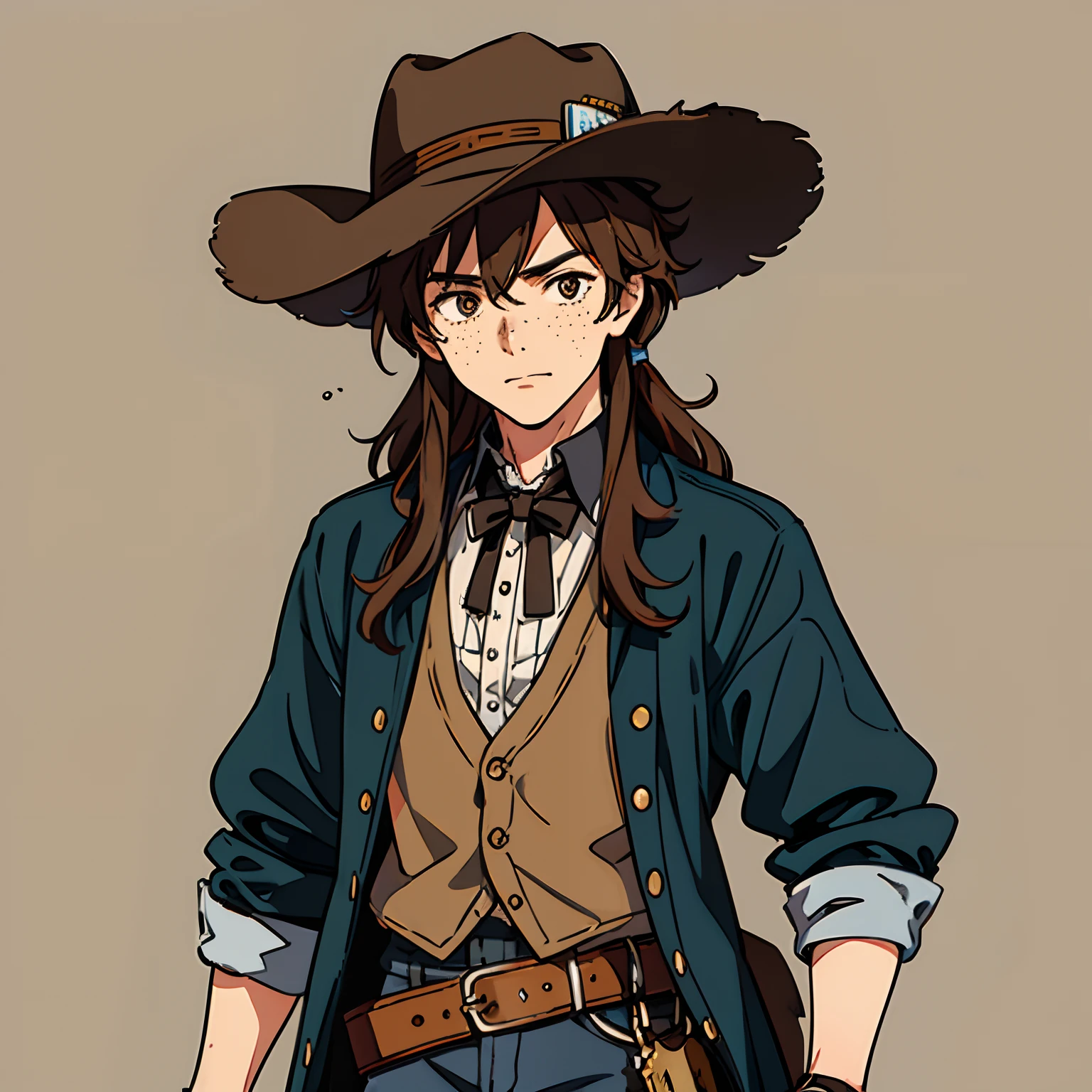 a male young adult cowboy, black hat, brown hair, freckles, standing, face close-up, wild west, anime style, face portrait
