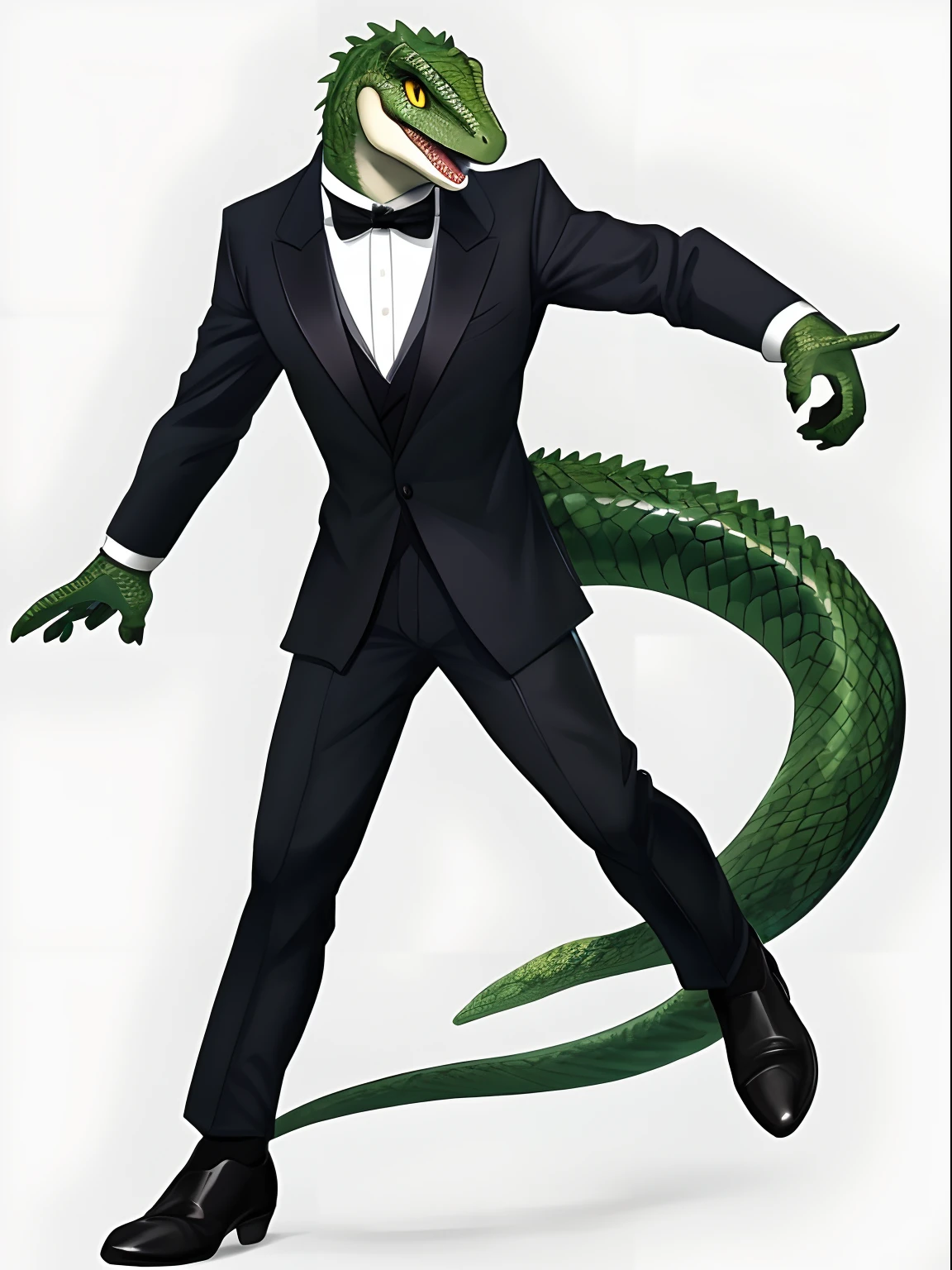((((solo)))), ((anthro lizard)), ((green skin)), ((scaled skin)), from front, sulky, ((yellow eyes)),((simple white background)), ((mature man)), best guality, sharp guality, intricately detailed, correct lighting, ((painted shading)),eyesgod, niji,formal, black suit, fantasy, gloves, tail, super fine illustration, perfect anatomy,correct anatomy,perfect proportion、perfect face,perfect hands,perfect fingers,perfect hands,(16k),professional lighting,falling,(((formal))),(big snout),standing, ((furious)), closed mouth,choker, (small eyes),muscle, long sleeves, ((Narrow eyes)),Inverted triangle body, Jewelry