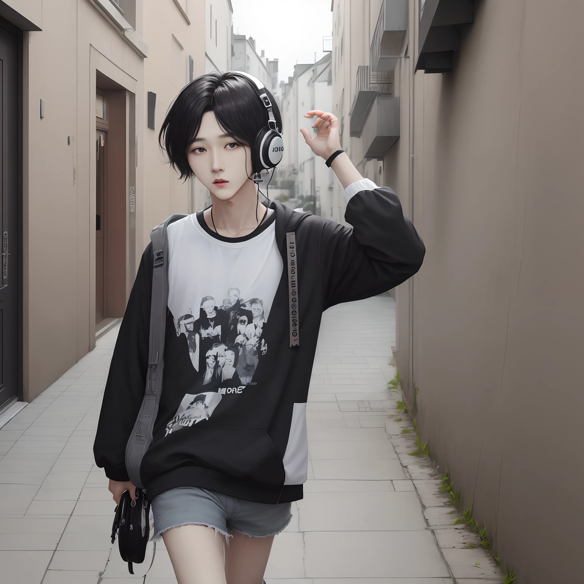 Can you create Hoseok, au cheveux noir, avec un casque dans les oreilles, et qui se balade dans une rue avec des tags sur le mur