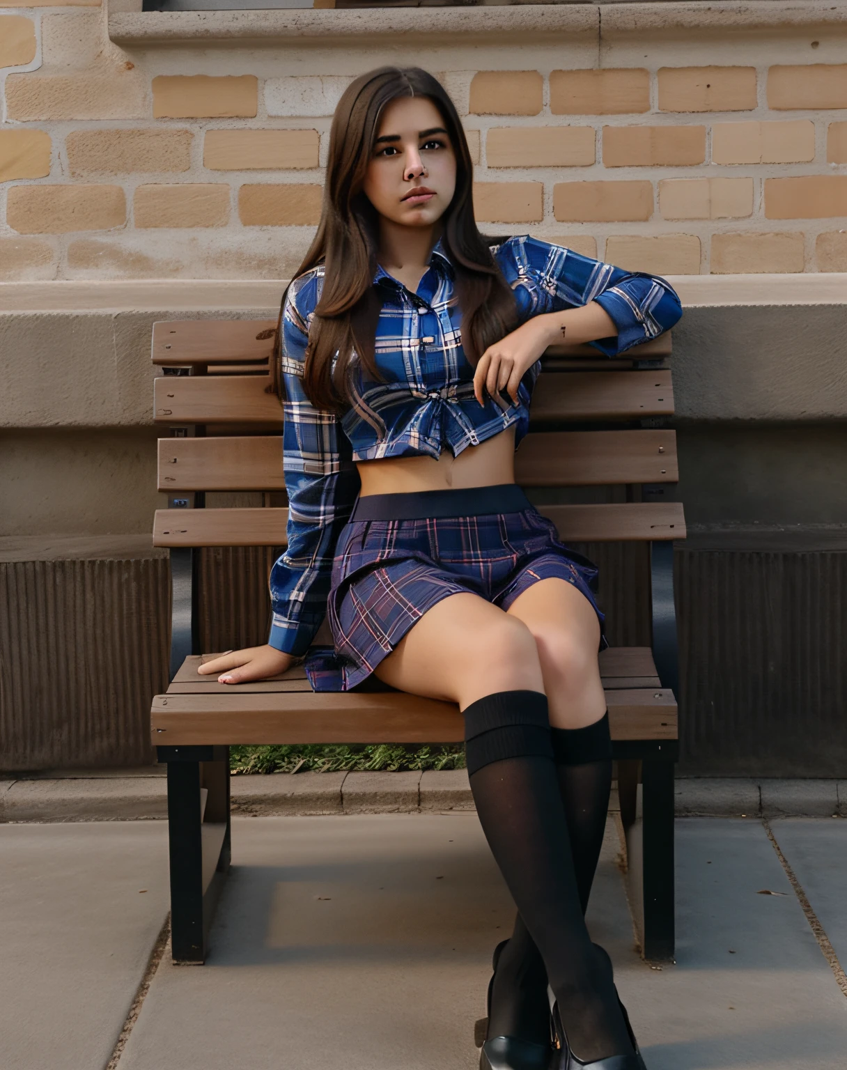 Mujer sentada en un banco con falda y camisa a cuadros, linda colegiala, Sentado en el banco, Sentado en un banco, de una colegiala posando, usar falda y calcetines altos, Una colegiala hiperrealista, Colegiala hiperrealista, muslos y falda, linda joven, Colegiala, Colegiala realista, linda joven