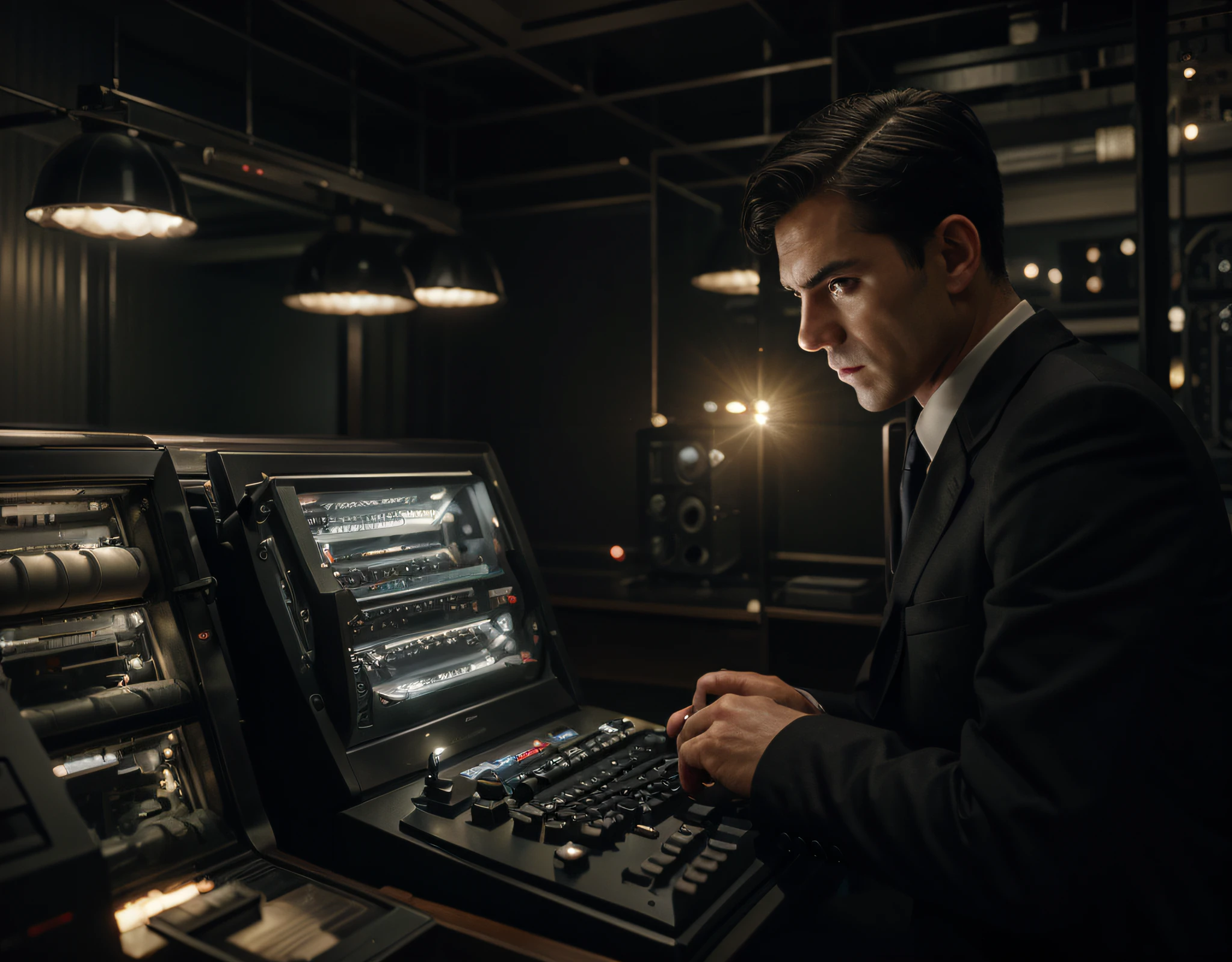 spy man, short black hair, British face, black formal suit, he is infiltrating pressing a button in a retrosoviet computer in a Soviet energy satation, low light, dark colors, Ultra detailed, Hyper realistic, 4k, Ultra detailed image, realistic, Highly detailed, perfect composition, beautiful intricately detailed incredibly detailed, 8K fine art photography, hyper detailed, Masterpiece
