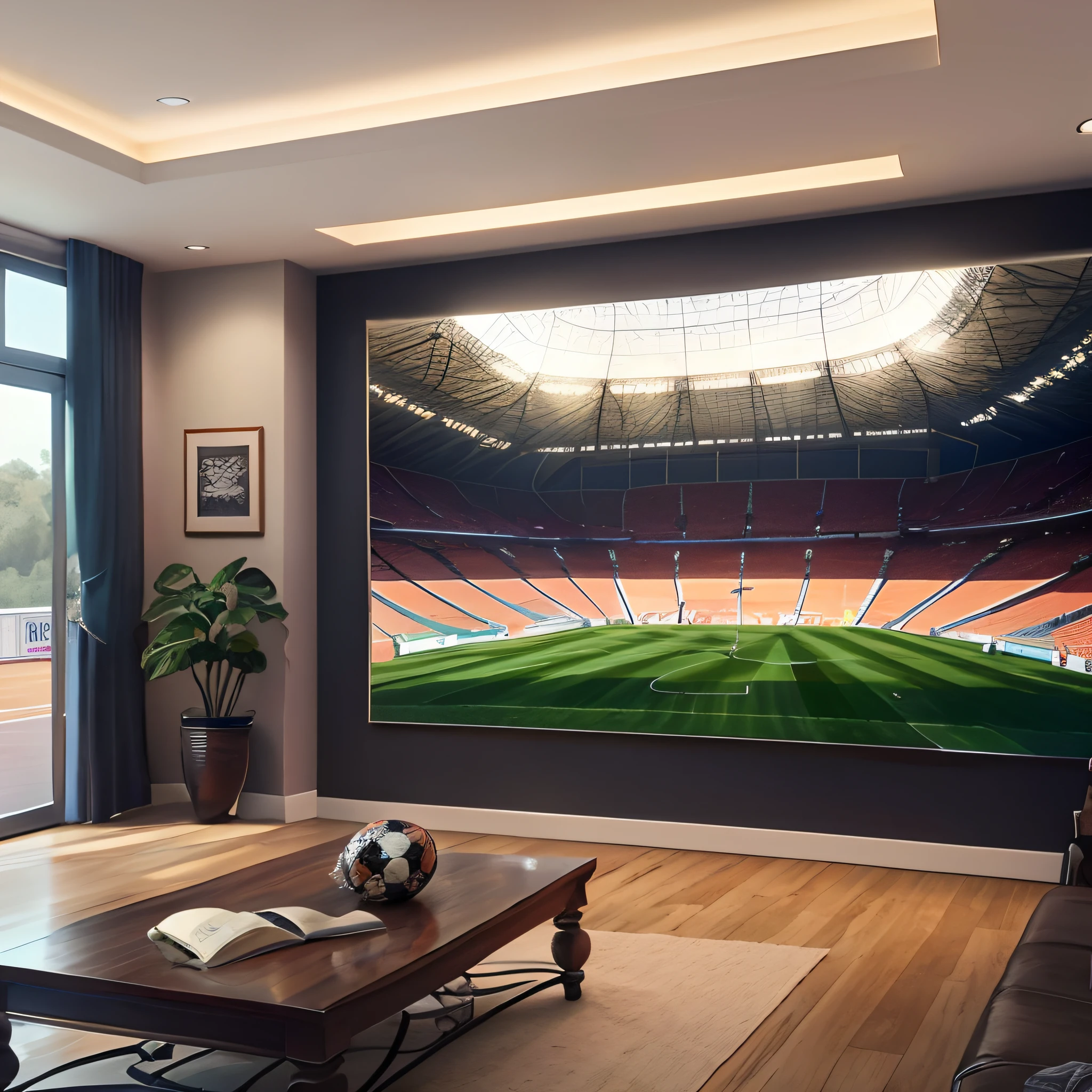 The studio is a cosy atmosphere, com uma estante repleta de livros sobre futebol, memorabilia from different leagues and a wall with a large selection of jerseys from teams around the world. Ao fundo, A digital mural displays images of iconic stadiums and historical moments.