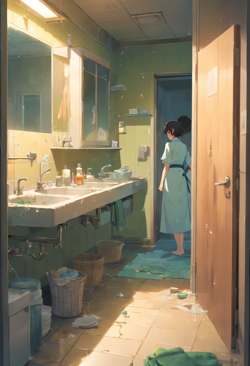 A messy bathroom, with scattered items (\[chaotic\]), in a state of emptiness and solitude. The bathroom is lit by a dim overhead light, creating a somber atmosphere. The tiles on the walls and floor are worn and stained, adding to the sense of neglect and abandonment. The sink is cluttered with dirty dishes, and the mirror is cracked and grimy, distorting reflections. There is a forgotten bathrobe hanging on the back of the door, with the fabric faded and frayed. The air is heavy with the musty smell of dampness and mildew. The overall image is of a neglected and desolate space, evoking feelings of loneliness and desolation. The image should have a realistic, high-quality, and detailed depiction, as if taken with a professional camera (\[best quality, highres\]). Crying anime girl in spa uniform and maid