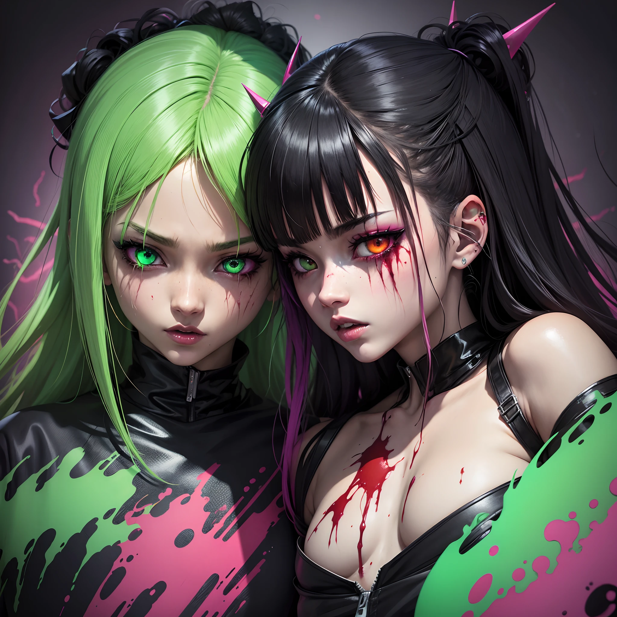 The anime funk horror album cover has blood on the face and one neon green eye like the devil and the other black eye with neon green tints.