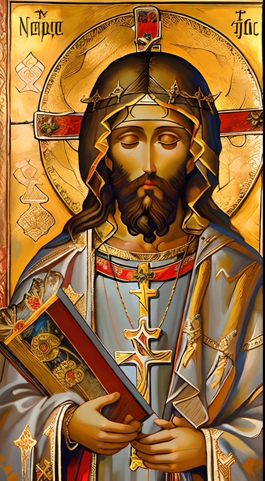 A painting of Jesus holding a Bible and a cross, pintura bizantina,orthodox icon neo-gothic, Cristianismo ortodoxo, iconografia sagrada,altamente detalhado,