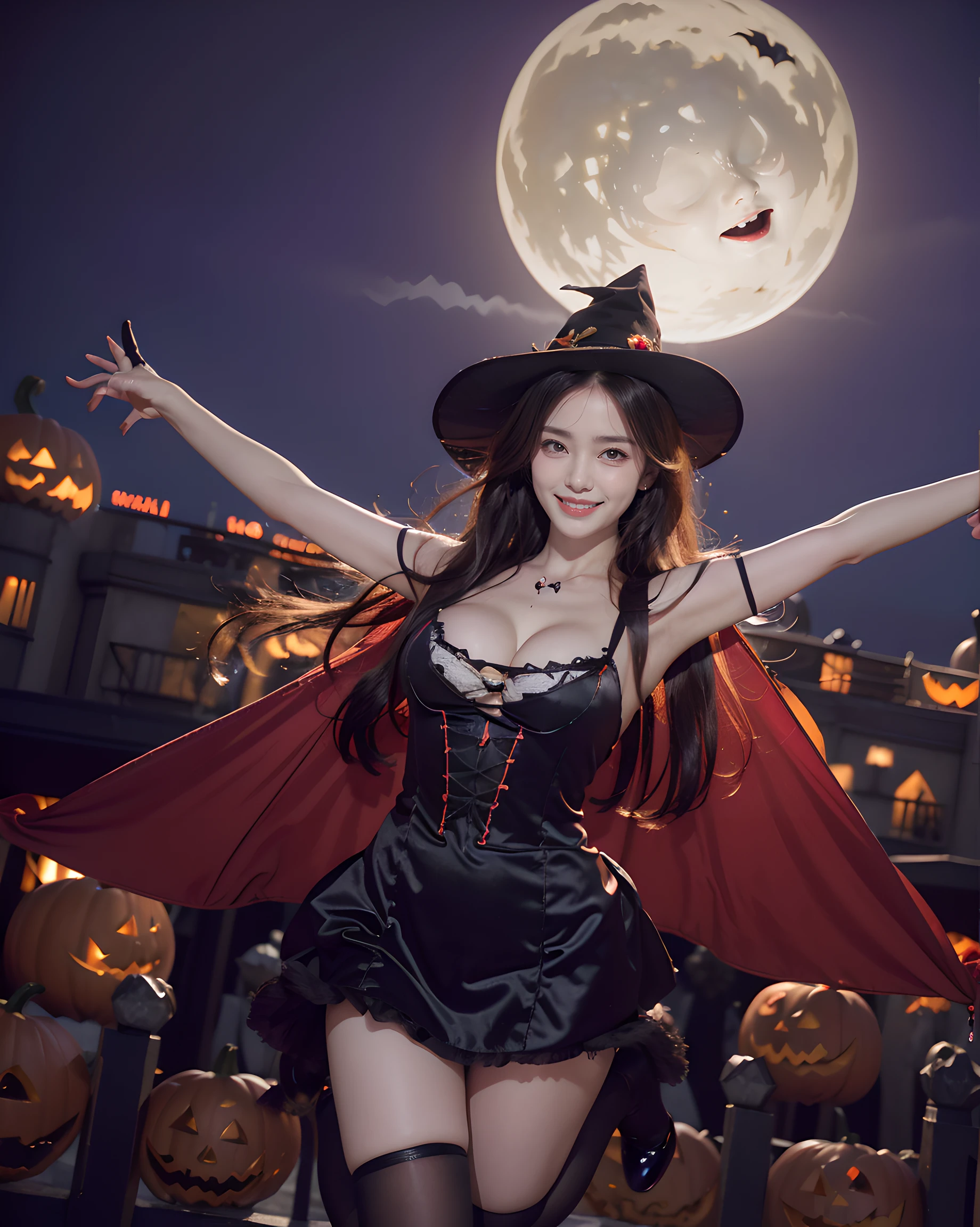 (Halloween theme:1.5), (fantasy:1.5), (Alice in wonderland:1.3),(halloween shibuya:1.3), (halloween zombie party:1.3), upper body portrait of a very busty beautiful Korean German girl wearing halloween sexy attaire, skin tight red velvet ultra detailed embroidery gothic ta, (fusion of red velvet gothic lolind witch robe:1.3), BREAK, (K-pop idol:1.3), ((;D1.3, happy evil smile:1.2)), perfect face,perfect eyes,HD details,high details,sharp focus,studio photo,HD makeup,shimmery makeup,celebrity makeup, zombie maleup, ((centered image)) (HD render)Studio portrait,magic, magical, fantasy,(huge breasts)(large breasts),(big breasts),(sagging breasts), cityscape, halloween cityscape, night, night city view:1.3, halloween shibuya background, ((front view:1.3), from above, top angle, blurry night background, (spread arms:1.5), (JUMP:1.5), (jumping:1.5), (dynamic:1.5, (dynamic pose:1.3), (dynamic angle:1.3),