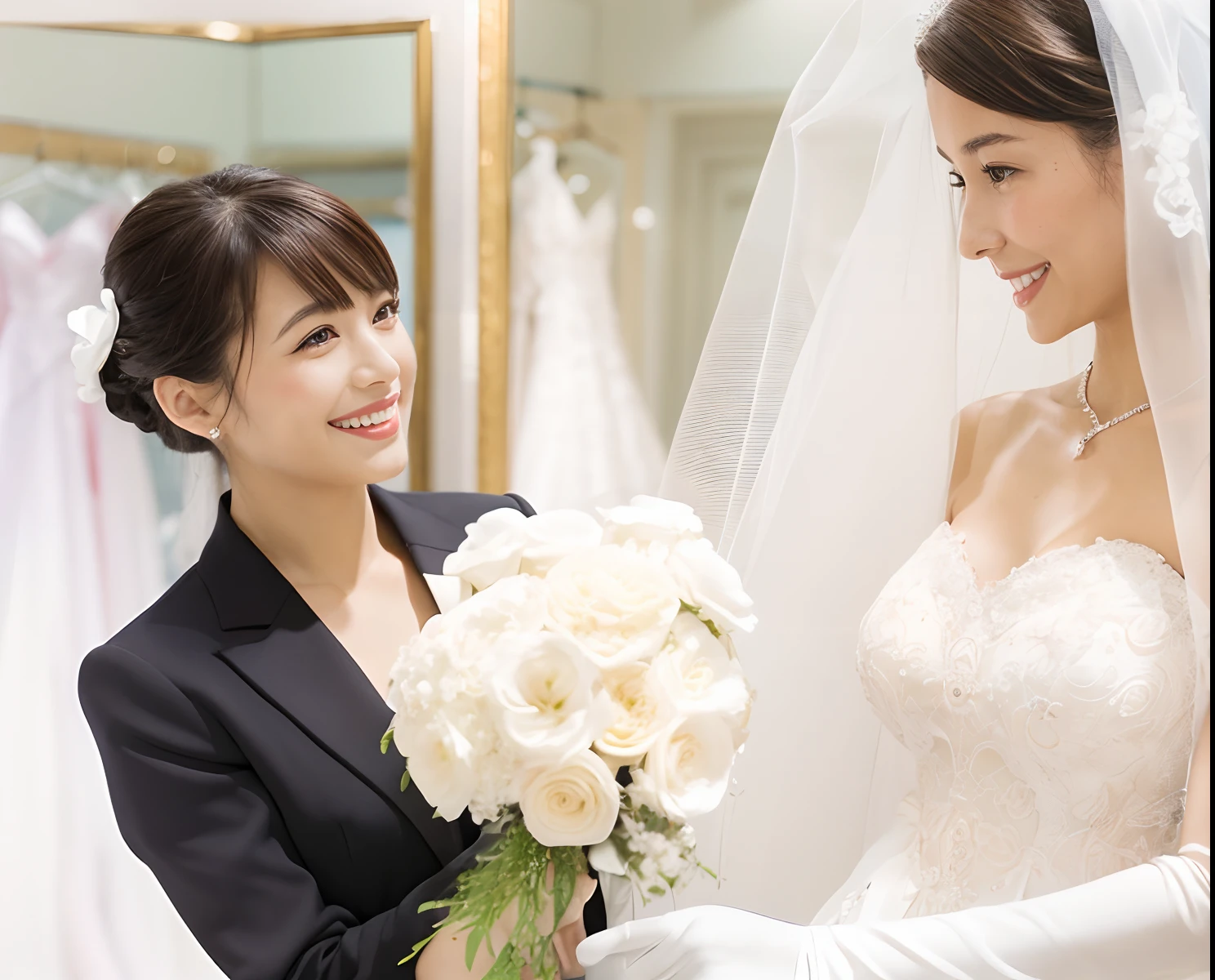 Completely naked、((The woman on the left is staring at us)),Half Small Face in Japan and Spain,The most beautiful face of an idol,The happiest smile,Big ample breasts,Two beauties,Luxury Prom Dresses,Bride in white wedding dress and bride in black suit smiling, bride, beginner, Spectacular!, Jacqueline E, wedding, Wedding Veil, information, bouquet, with an elegant smile, customer, Catalogue photo, highlight, Happy Stills, Sparkling