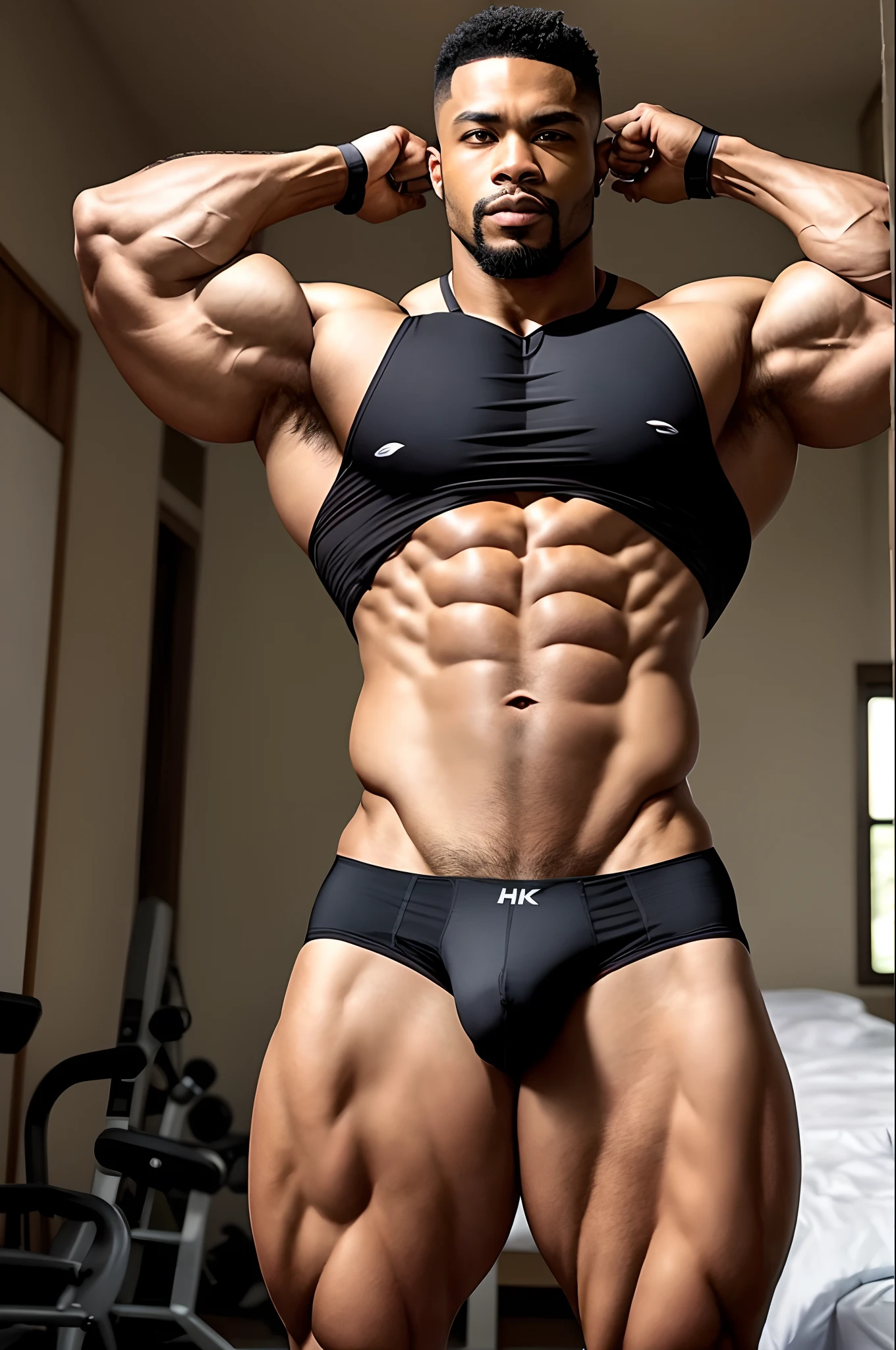 Imagem realista em 4k, 45 yers de idade，bodybuilder homen negro，nu，Tong branca ，na cama，perna bem aberta, homen negro muito bonito musculoso，barba，firmeza，obra de arte de um, HD |，um olhar de prazer，, bulge，postura sexy