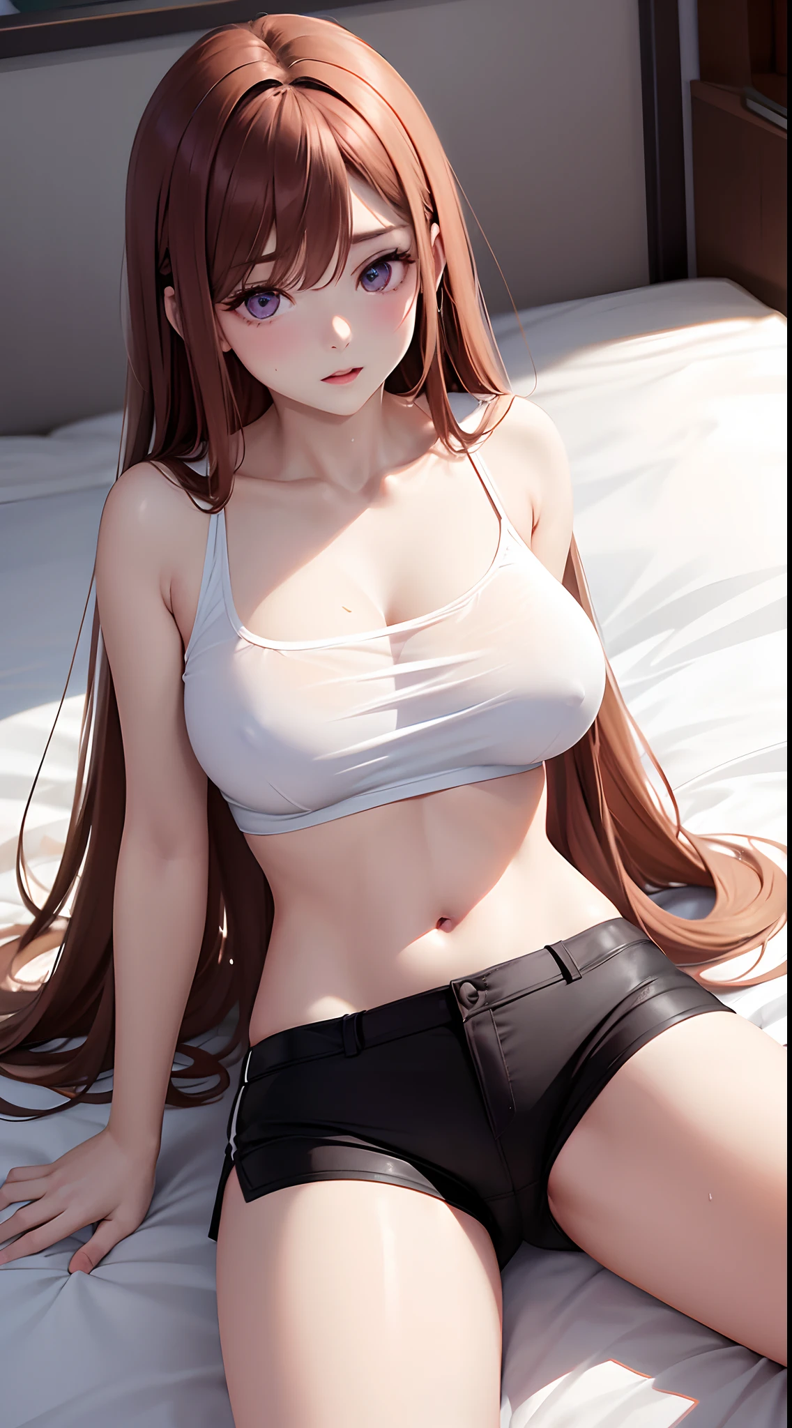 1 girl, beautiful, charming, cute, pale skin, beautiful, double eyelid, caramel hair colour, long hair until waist, purple colour eyes, wearing white t shirt & black shorts underwear , perfect body figure, big breast, slim waist, red cheeks, shiny skins, wet skins, (all-fours:1.3), on the bed, photoshoot, Facing the viewing angle, closer photoshoot