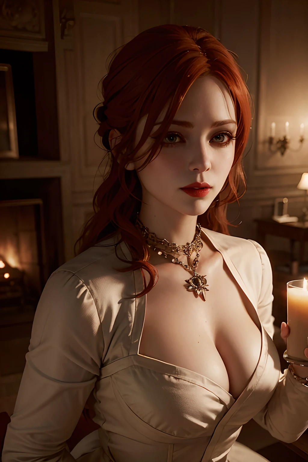 Red-haired witch with green eyes in a dark cave in front of a fireplace. beatiful face, big breastes. eye shadow, Ocular stroke, Darkened room, Medieval atmosphere, Illustrations, hiquality (Best Quality,4k,8K,hight resolution,Masterpiece:1.2), Ultra-detailed, Realistic (photo-realistic:1.37), Vivid colors, A detailed eye, long eyelashes, detailed lips, Mysterious lighting.