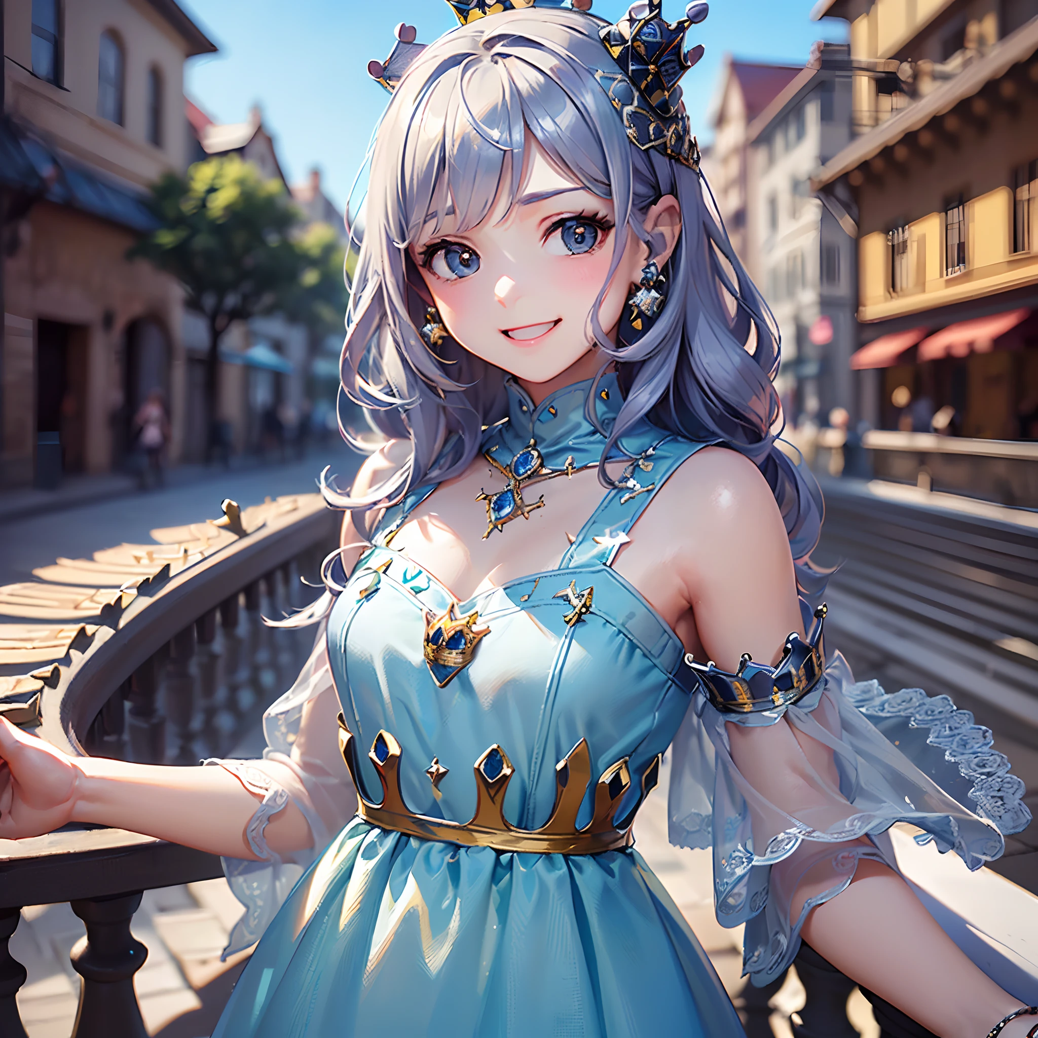((Finest quality)),(超A high resolution),(ultra-detailliert),(Meticulous portrayal),((best pictures)),(Finest works of art),Ultra-Precision Art,The art of astounding depiction, (Pretty girl:1.5),Bursting smile:1.6,(mini crown:1.8),(Light blue dress:1.5), colorful backdrop:1.5