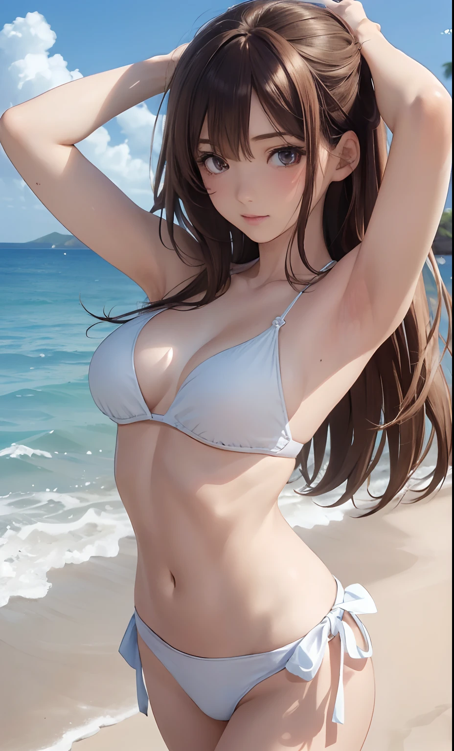 ((Best Quality, 8K, masutepiece :1.3)), Cute single woman with perfect figure :1.4, Slender Abs :1.3, ((brown haired, medium breasts :1.2)), in beach:1.2, Highly detailed face and skin texture, Detailed eyes, 二重まぶた, Arms up, White top and bottom bikini,