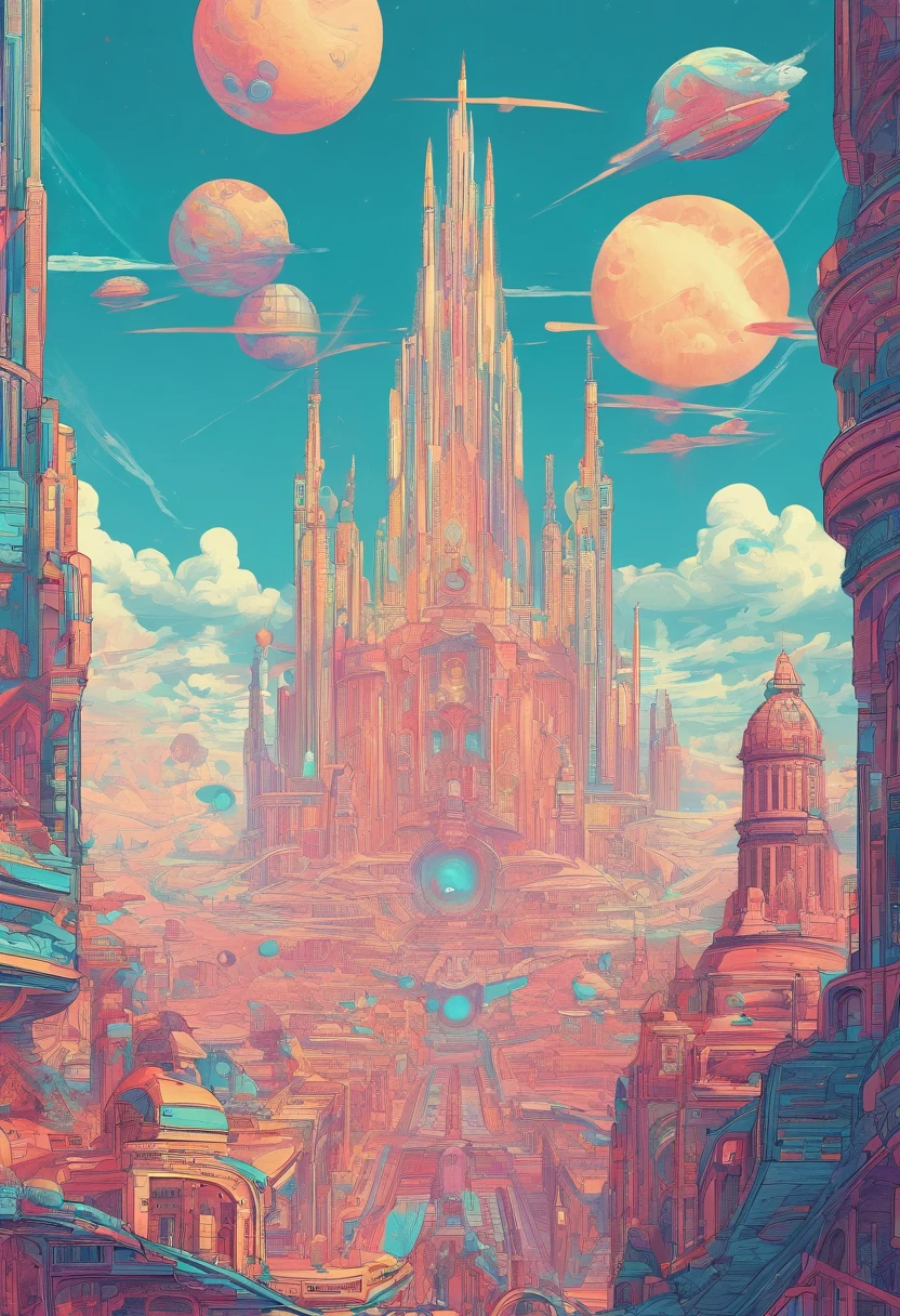 pov from down、look up to、Super-developed civilization、Huge metropolis、cathedral、Fantasia、Magnificent terrain、Hyper Beautiful Sky、High-rise complex、Medieval European style、European style architectural group、Sky architecture、Pulling composition、hight resolution