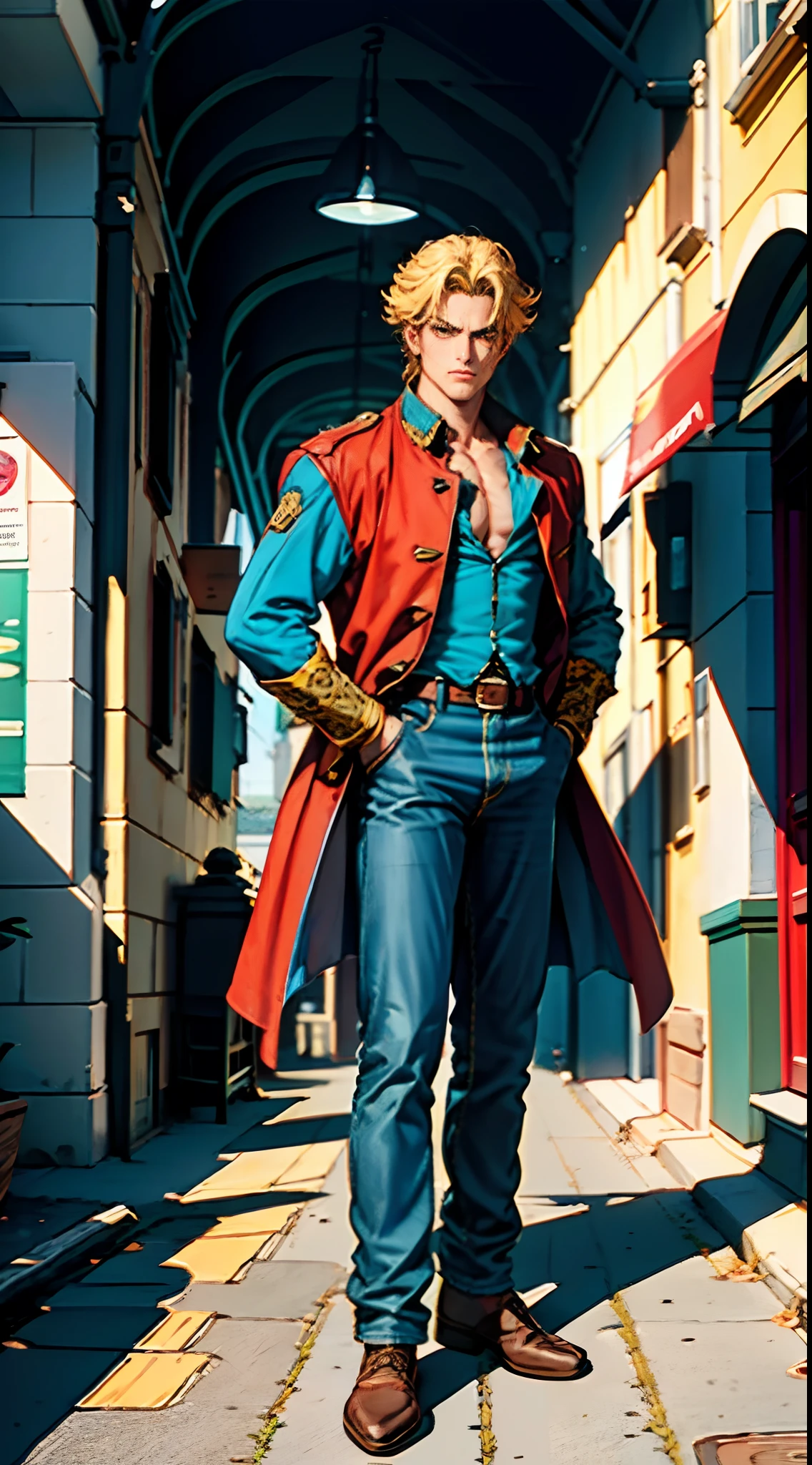 a young man, golden hair, Center-parted hairstyle, a cunning gaze, a fantasy-realistic style blue-red overcoat, a yellow-green undershirt, blue jeans, Within a medieval town of fantasy style, this character embodies a finely crafted fantasy-realistic style wise man in anime style, characterized by an exquisite and mature manga illustration art style, full body character drawing, high definition, best quality, highres, ultra-detailed, ultra-fine painting, extremely delicate, professional, anatomically correct, symmetrical face, extremely detailed eyes and face, high quality eyes, creativity, RAW photo, UHD, 8k, Natural light, cinematic lighting, masterpiece-anatomy-perfect, masterpiece:1.5