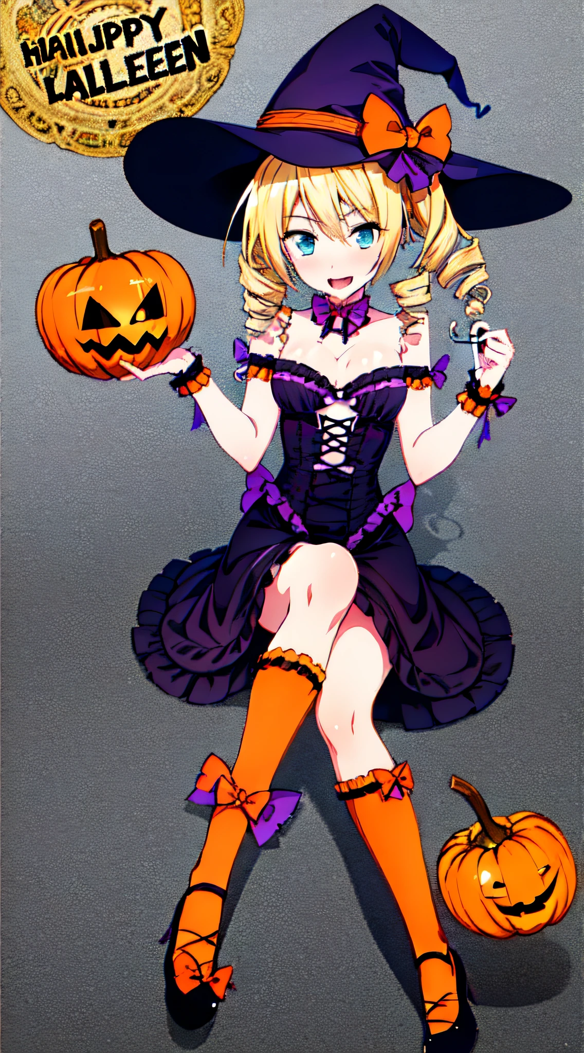 masterpiece, best quality, 1 girl, solo, Ravel Phenex dxd as witch, holding a pumpinks, blonde hair, blue eyes, drill hair, twintails, ribbon, twin drills, bow, halloween background, witch,bats, evil pumpkins, ((Halloween Background:1.0))