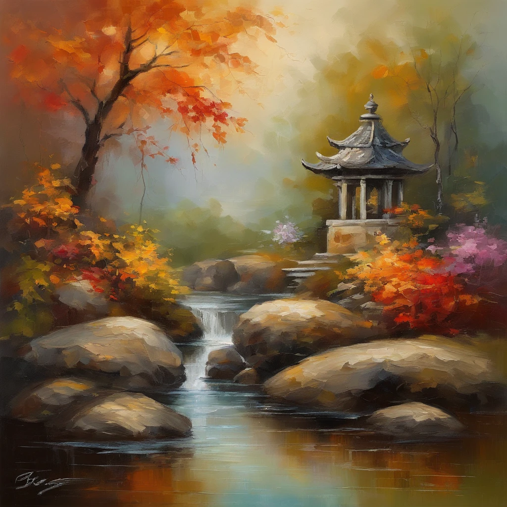 autumnal,Beautiful landscaped gardens,Quiet atmosphere,Secluded trails and bridges,Brightly colored trees and leaves,Reflected in stagnant water,Antique Pavilion,pylons,Beautiful architectural details,quiet and serene atmosphere,Fallen leaves are scattered on the ground,The delicate moonlight shone through the trees, Tranquil lagoon，Koi fish swim,Elaborate arrangement of bonsai rocks and trees,Carefully scrape gravel and sand,The air is filled with the smell of traditional Chinese music,A harmonious balance between natural and artificial elements.