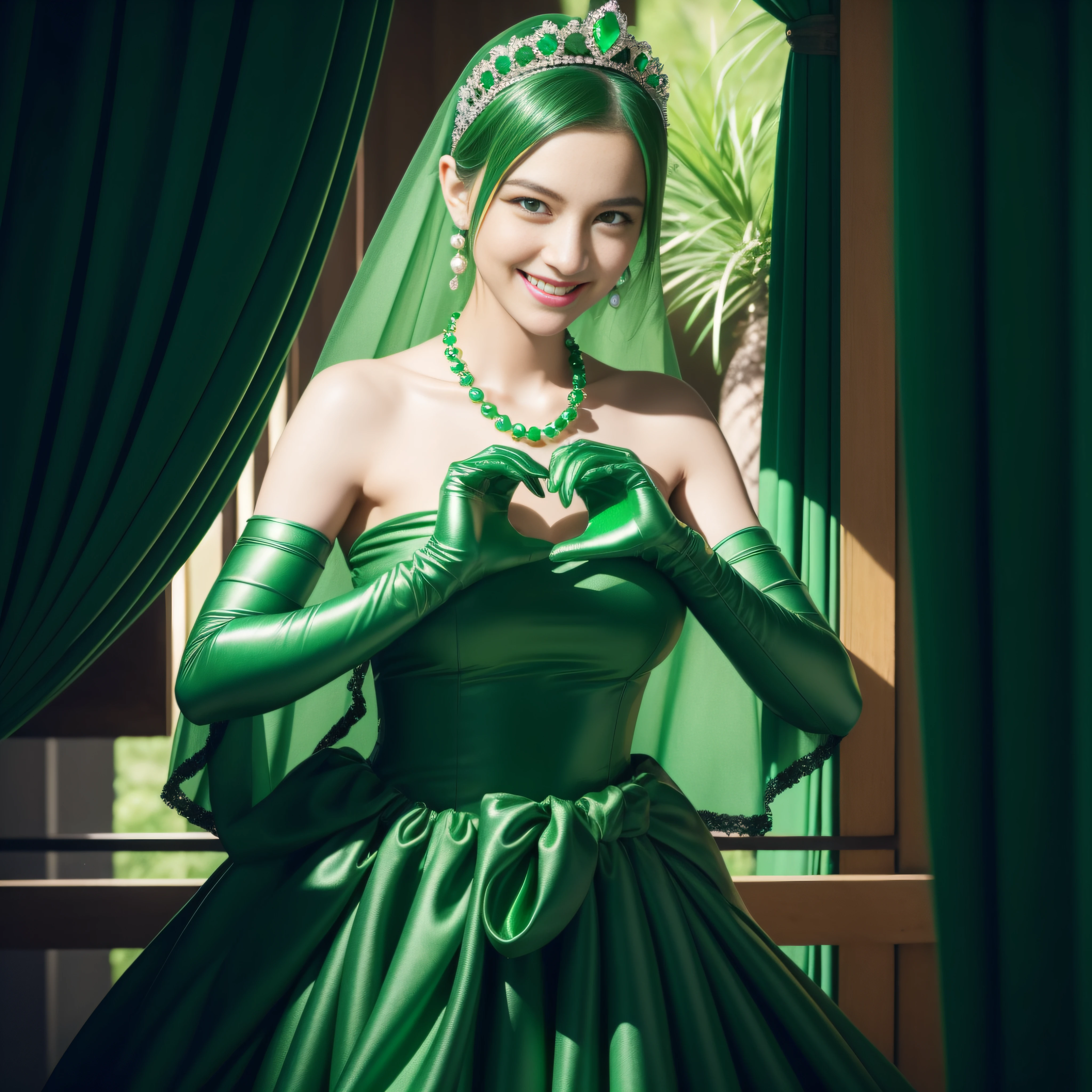 emerald tiara, Green Pearl Necklace, Boyish very short green hair, lipsticks, Japan woman smiling, very short short hair, big breasts beautiful, Green eyes, Long green gloves made of satin material, Green eyes, Emerald Earrings, green vale, Heart with both hands