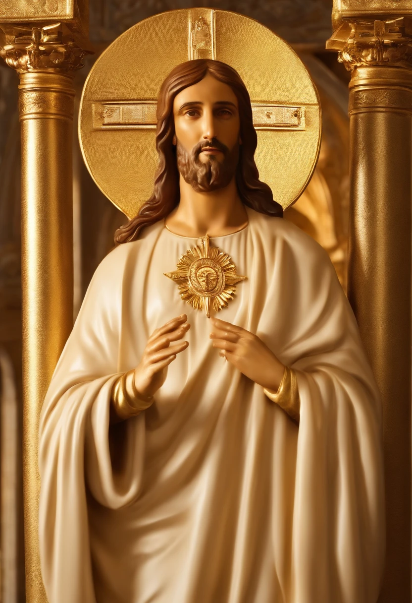 Imagine a majestic representation of Jesus Christ, sentado em um trono de ouro que irradia luz divina. He is dressed in white and gold robes, que simbolizam pureza e divindade. Jesus' hands are gently joined together in a gesture of prayer, expressing humility and spiritual connection.

Detalhes da imagem:

Comece desenhando o trono de ouro com detalhes intrincados, como entalhes, Inlaid patterns and jewelry. O trono deve parecer imponente e celestial.
Posicione Jesus no trono de maneira a mostrar sua dignidade e autoridade, but also his serenity and compassion.
Focus on Jesus' facial features. Your eyes should convey a deep connection to the divine, and your mouth may be slightly curved into a soft smile.
Jesus' hands must be together, fingers intertwined and thumbs pressed gently against each other. This should be a gesture of deep prayer.
Use luz suave e sombras para destacar os contornos do rosto, as vestes e os detalhes do trono. The light must also appear divine, emanating from Jesus Himself.
The crown of thorns that Jesus wore during the crucifixion can be subtly placed next to the throne, as a symbol of sacrifice and redemption.
The background can be a celestial environment with golden clouds and an atmosphere of peace and transcendence.
Feel the spiritual connection as you create every detail. Use advanced editing tools to ensure high definition of the image. As you create, Allow the sense of reverence and respect to fill your heart, reflecting on the image you're creating."

Keep in mind that creating a high-definition image requires meticulous attention to detail and the use of the editing program's advanced tools to achieve the desired quality.