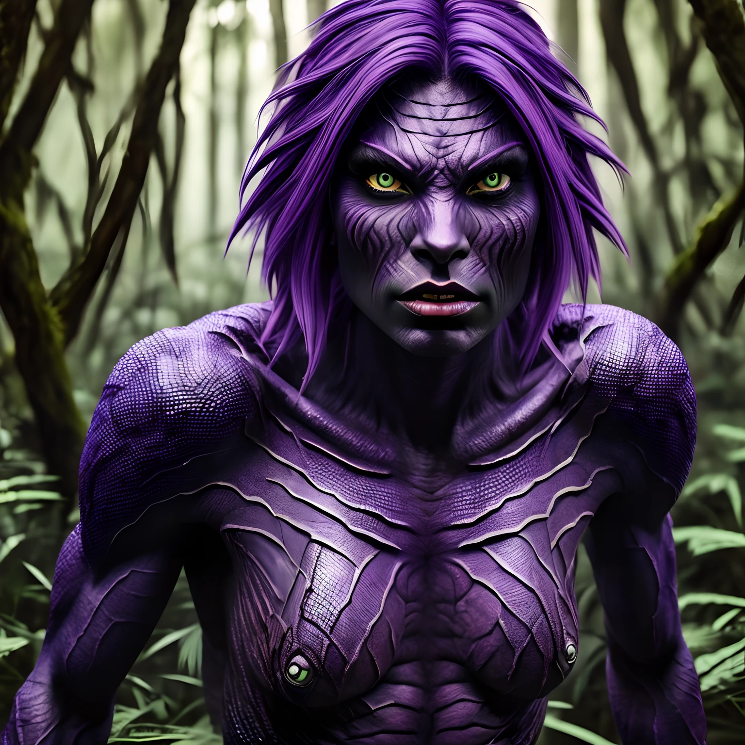 (((Masterpiece))) photo of a female human-lizard hybrid, menacingly, lizard eyes, purple skin, escamas no corpo, big claws, swamp forest, high detail, 8k, ultra realistic