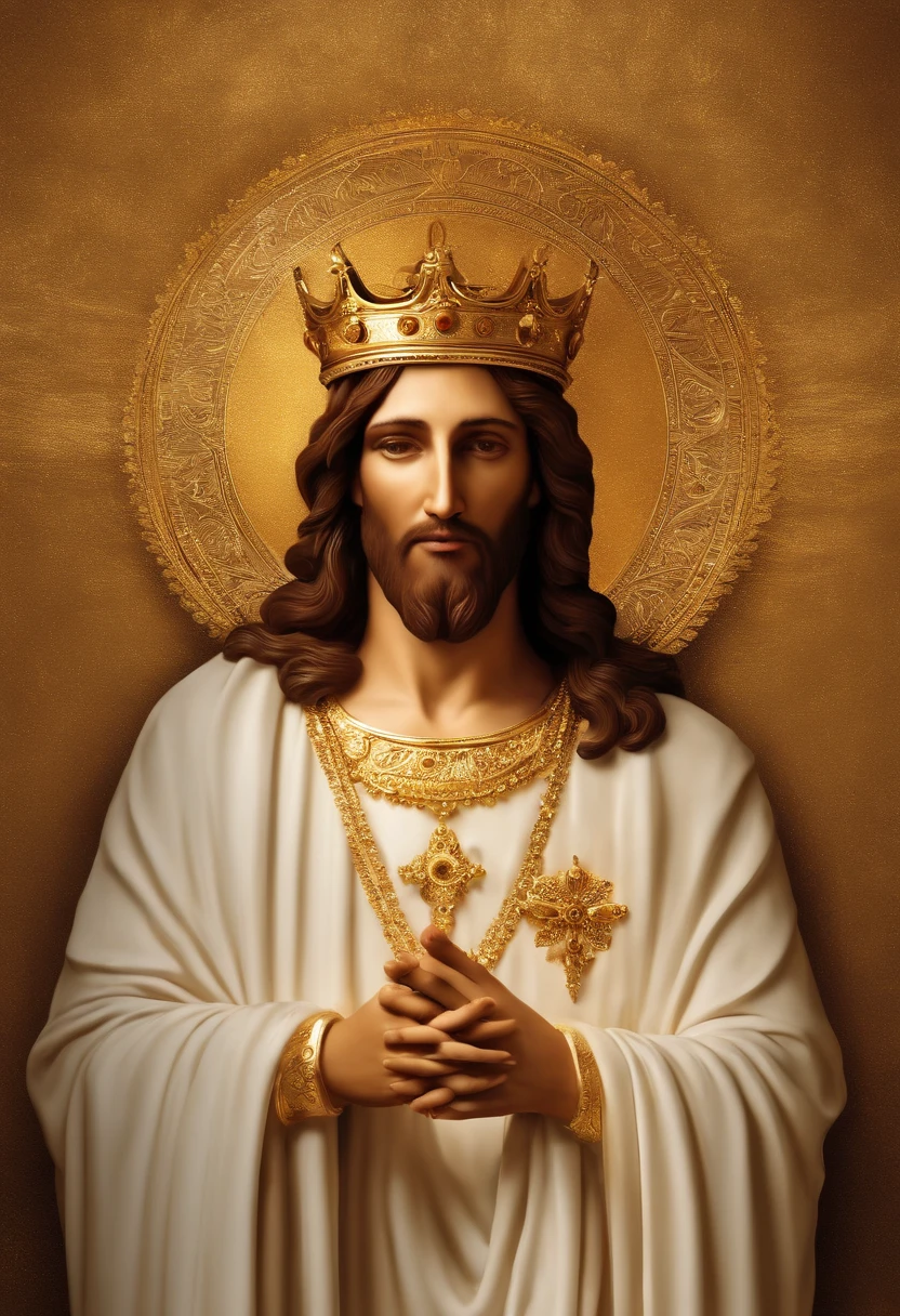 Imagine a majestic representation of Jesus Christ, sentado em um trono de ouro que irradia luz divina. He is dressed in white and gold robes, que simbolizam pureza e divindade. Jesus' hands are gently joined together in a gesture of prayer, expressing humility and spiritual connection.

Detalhes da imagem:

Comece desenhando o trono de ouro com detalhes intrincados, como entalhes, Inlaid patterns and jewelry. O trono deve parecer imponente e celestial.
Posicione Jesus no trono de maneira a mostrar sua dignidade e autoridade, but also his serenity and compassion.
Focus on Jesus' facial features. Your eyes should convey a deep connection to the divine, and your mouth may be slightly curved into a soft smile.
Jesus' hands must be together, fingers intertwined and thumbs pressed gently against each other. This should be a gesture of deep prayer.
Use luz suave e sombras para destacar os contornos do rosto, as vestes e os detalhes do trono. The light must also appear divine, emanating from Jesus Himself.
The crown of thorns that Jesus wore during the crucifixion can be subtly placed next to the throne, as a symbol of sacrifice and redemption.
The background can be a celestial environment with golden clouds and an atmosphere of peace and transcendence.
Feel the spiritual connection as you create every detail. Use advanced editing tools to ensure high definition of the image. As you create, Allow the sense of reverence and respect to fill your heart, reflecting on the image you're creating."

Keep in mind that creating a high-definition image requires meticulous attention to detail and the use of the editing program's advanced tools to achieve the desired quality.
