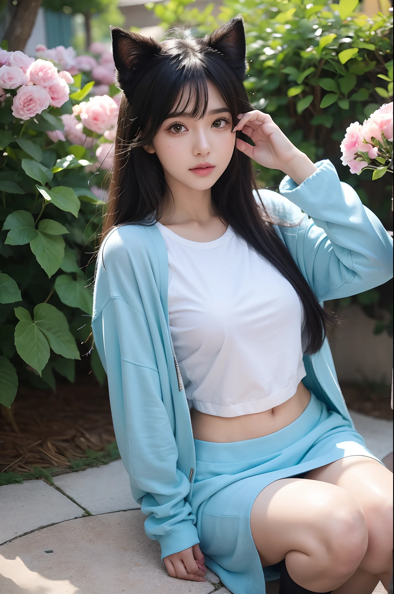 yuumi league of legends humana anime com cabelo longo e orelhas de gato em um jardim de flores rosas, arte digital do anime,  anime, meninaime feminino, garota anime, menina bonite de anime, arte de anime, estilo anime 4K, menina perfeita, mbonita, menina bo