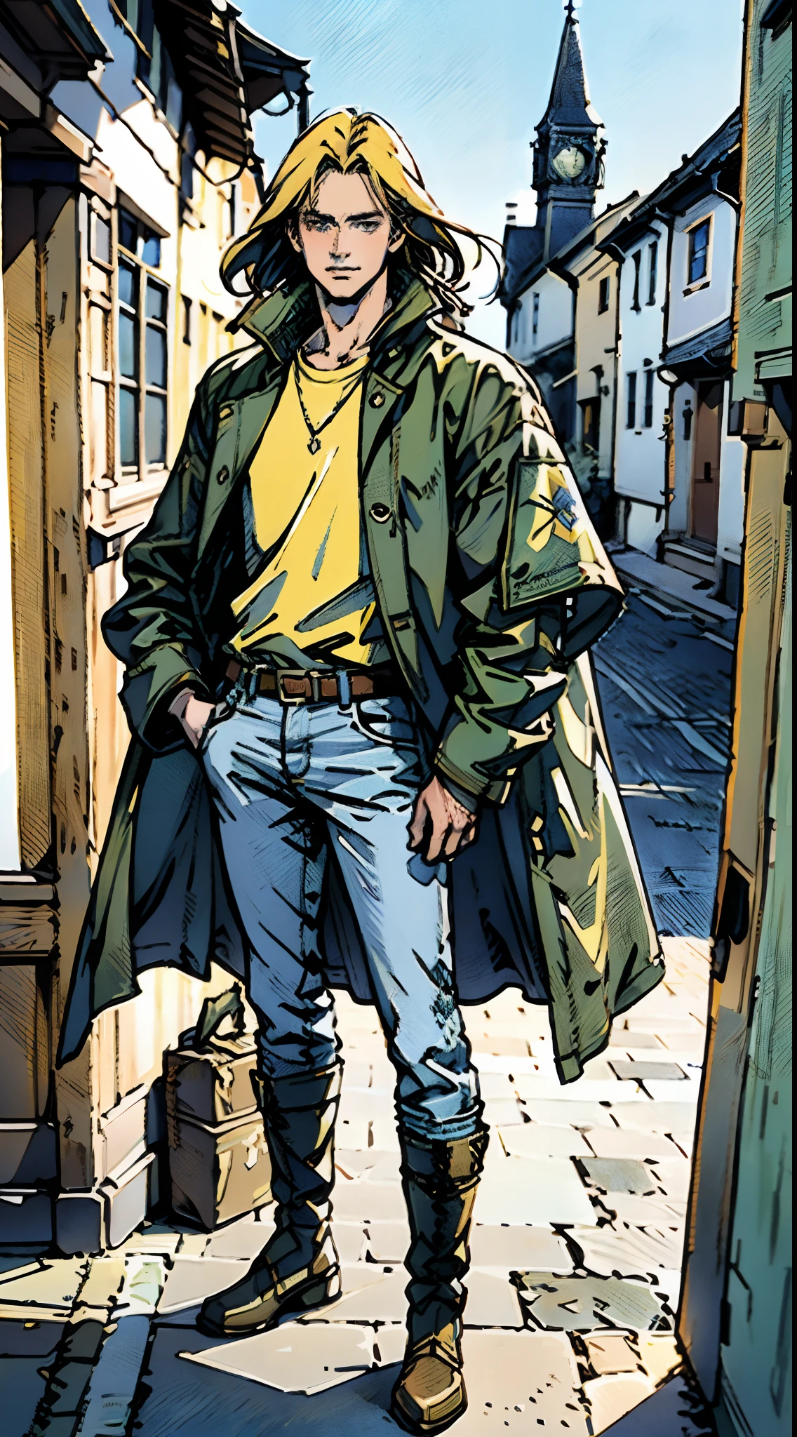 a young man, golden hair, Center-parted hairstyle, a cunning gaze, a fantasy-realistic style blue-red overcoat, a yellow-green undershirt, blue jeans, Within a medieval town of fantasy style, this character embodies a finely crafted fantasy-realistic style wise man in anime style, characterized by an exquisite and mature manga illustration art style, full body character drawing, high definition, best quality, highres, ultra-detailed, ultra-fine painting, extremely delicate, professional, anatomically correct, symmetrical face, extremely detailed eyes and face, high quality eyes, creativity, RAW photo, UHD, 8k, Natural light, cinematic lighting, masterpiece-anatomy-perfect, masterpiece:1.5