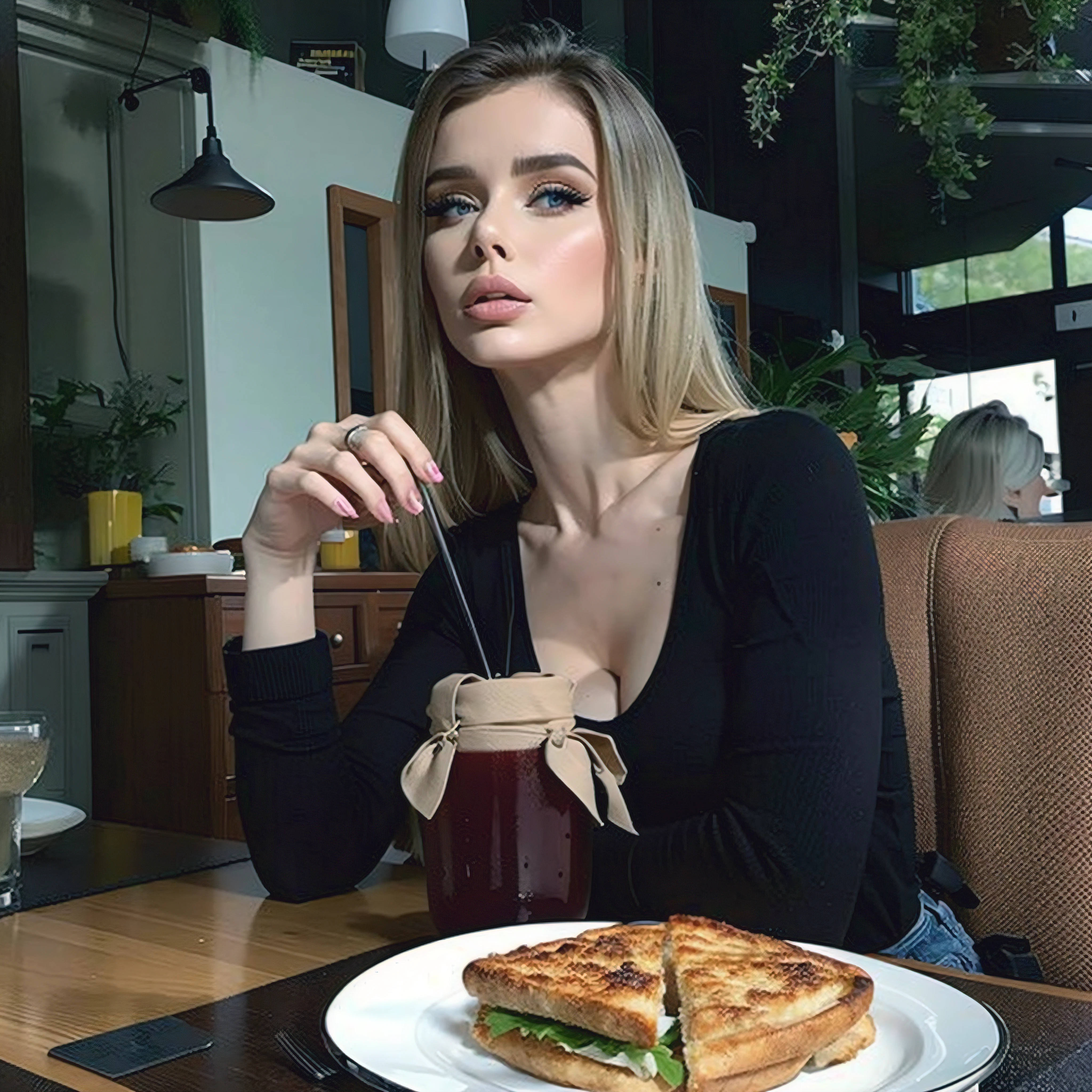 Mujer sentada en una mesa con un bocadillo y una bebida, joven hermosa Amouranth, Amouranth, 19 year old girl, 2 4 year old female model, better known as amouranth, Mujer joven INFP, with pale skin, chica atractiva, Anna Nikolanova alias Newmilky, Lleva una camiseta negra sin mangas