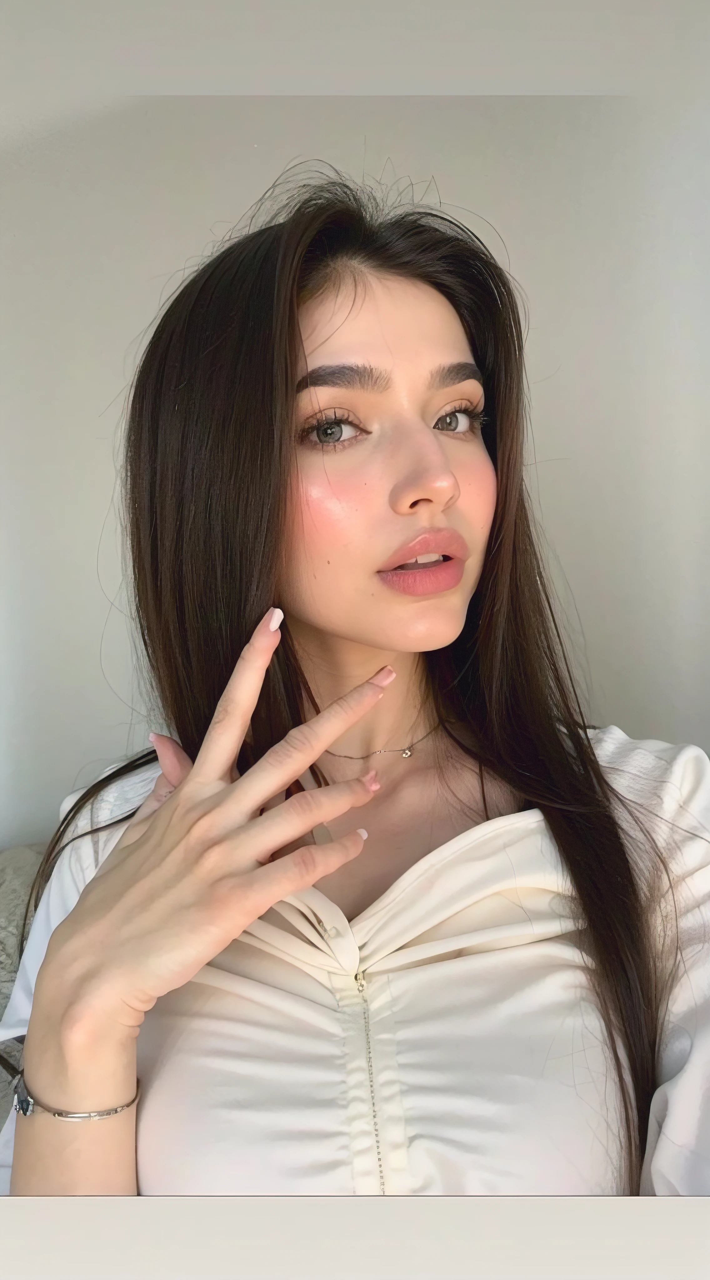 A woman with long brown hair and a white shirt posing for a photo, 18 years old, pale-skinned persian girl, Anna Nikolanova alias Newmilky, 1 6 years, Kailee Mandel, dilraba dilmurat, with pale skin, Cara perfecta ), 19 year old girl, Cara delicada y encantadora, Violeta Myers