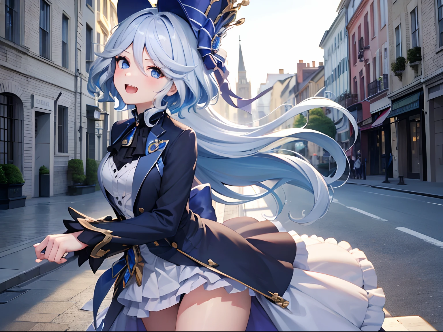 (best quality,4k,highres,masterpiece:1.2),ultra-detailed,beautiful detailed eyes, body,joyful expression,furina character, 16 yn, happy expronl,walking in a street, shiny hair,furina hat,vibrant colors,soft lighting,sharp focus,studio rendering