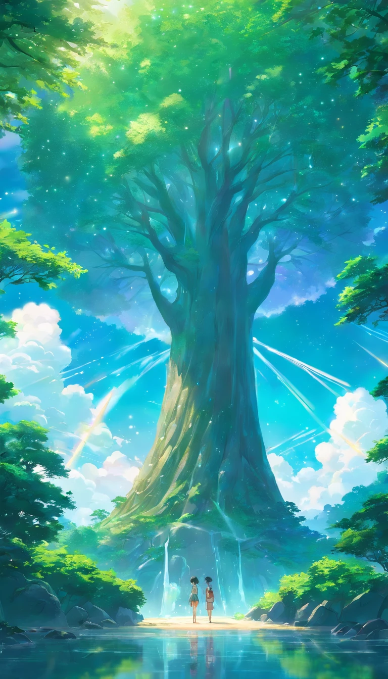 Illustration of a hyperrealistic scene, de outro mundo, Ultrasky with full body of a giant crystal tree, Very detailed and magical lighting, detalhes intrincados da floresta, vegetation and river around, solarpunk, Paisagem, giant tree, beautiful leaves with beautiful lighting and realistic proportions, as if it were a cinematic background, 8k, max quality, obra-prima, Clouds and stars in the sky. com um esplorador de 5 a 10 anos e um portal magico