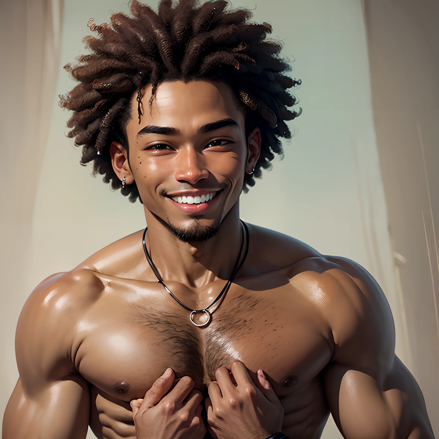 a man with short afro hair, oval face, dark brown skin, small black eyes, smiling with thin nose - --auto --s2