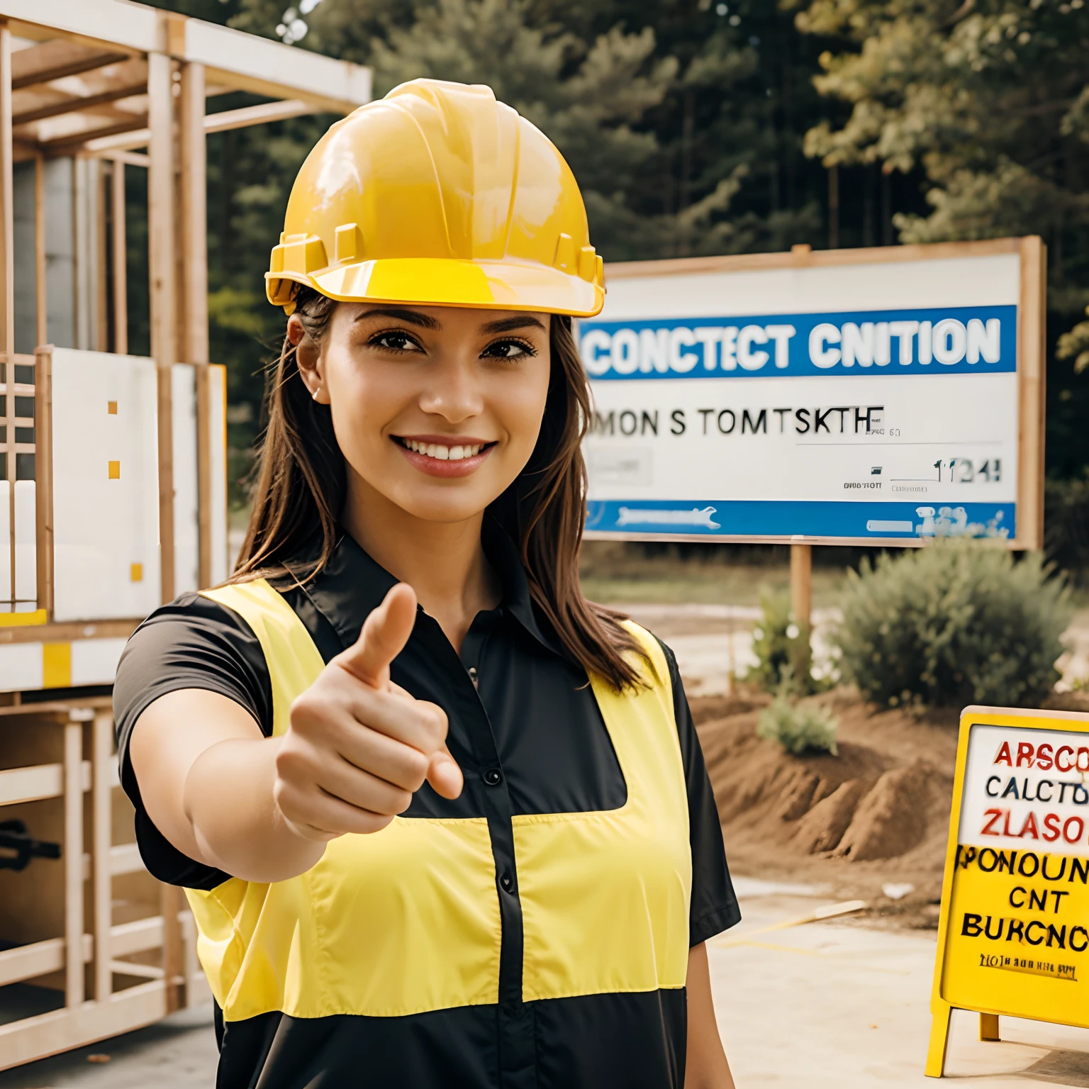 woman pointing at a construction company sign with friendly smile wearing a construction helmet
