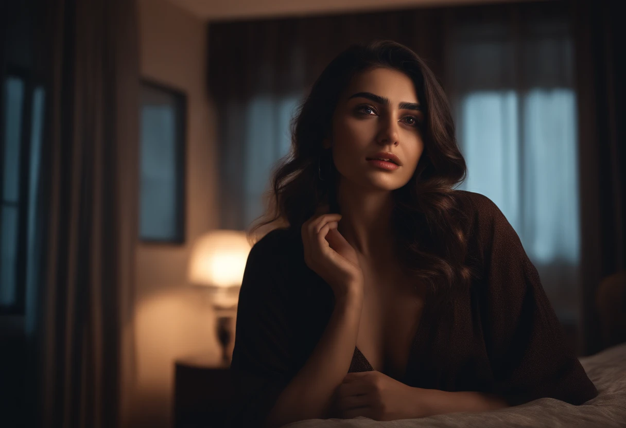Ultra realistic 26yrs old turkish girl dark brown hair dark brown eyes crying in her bedroom, aesthetic dark background
