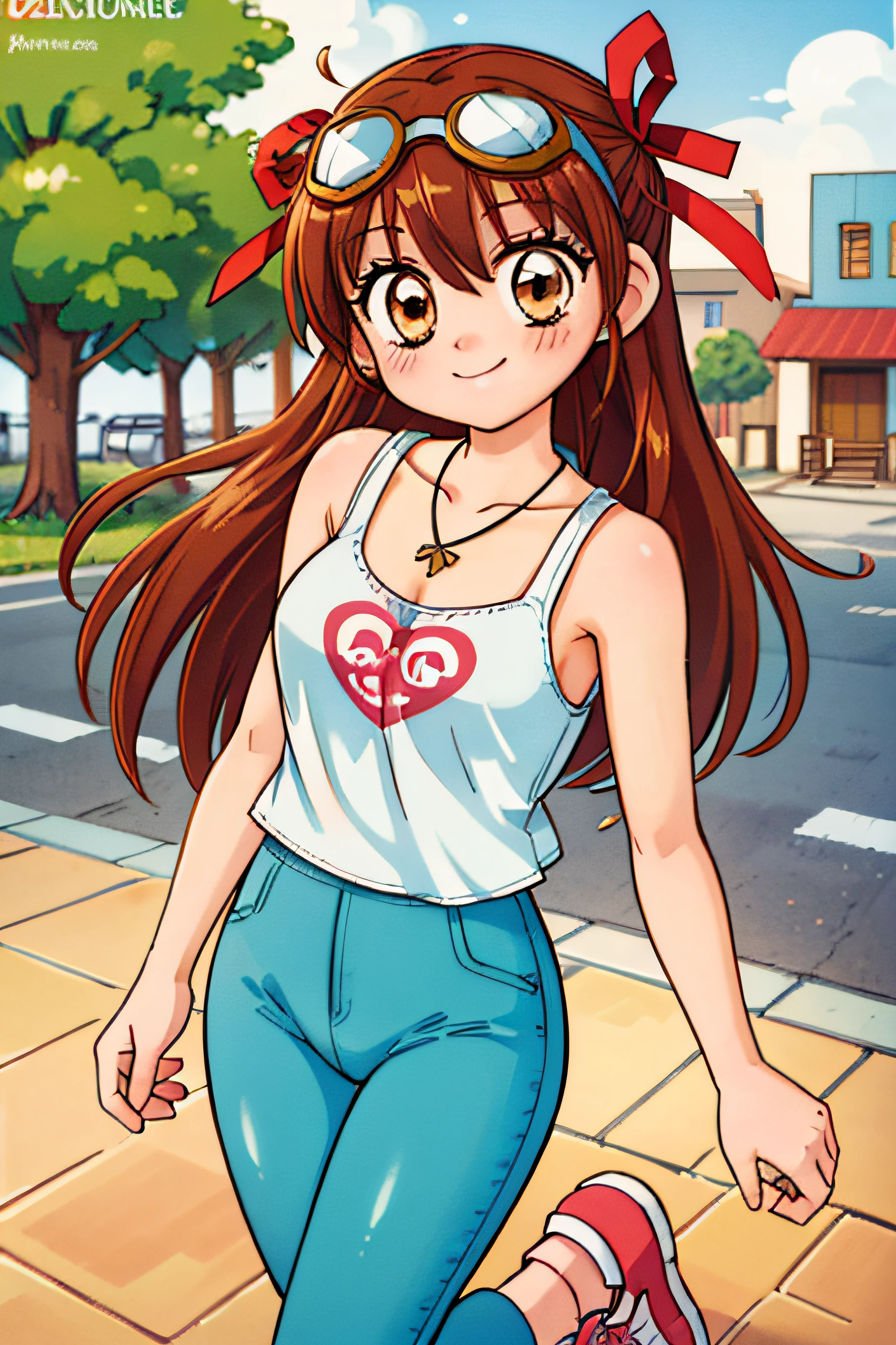 amber (genshin impact),depth of field,lens 135mm,f1.8,from above,brown hair,brown eyes,long hair,looking at viewer,light smile,smile,medium_breasts,(red hair ribbon,goggles on head,head tilted,necklace,standing,arm under breasts,crossed legs,sneakers),(white tank top:1.2,tabi, short legging:1.2),(masterpiece:1.2),best quality,high resolution,unity 8k wallpaper,(illustration:1),extremely detailed eyes,extremely detailed face,extremely detailed CG,(1girl, solo:1.5),{{perfect anatomy}},beautiful and clear background,no blur,(panorama:0.5),photorealistic,outdoor,in public,street,night city,heart-shape speech bubble,