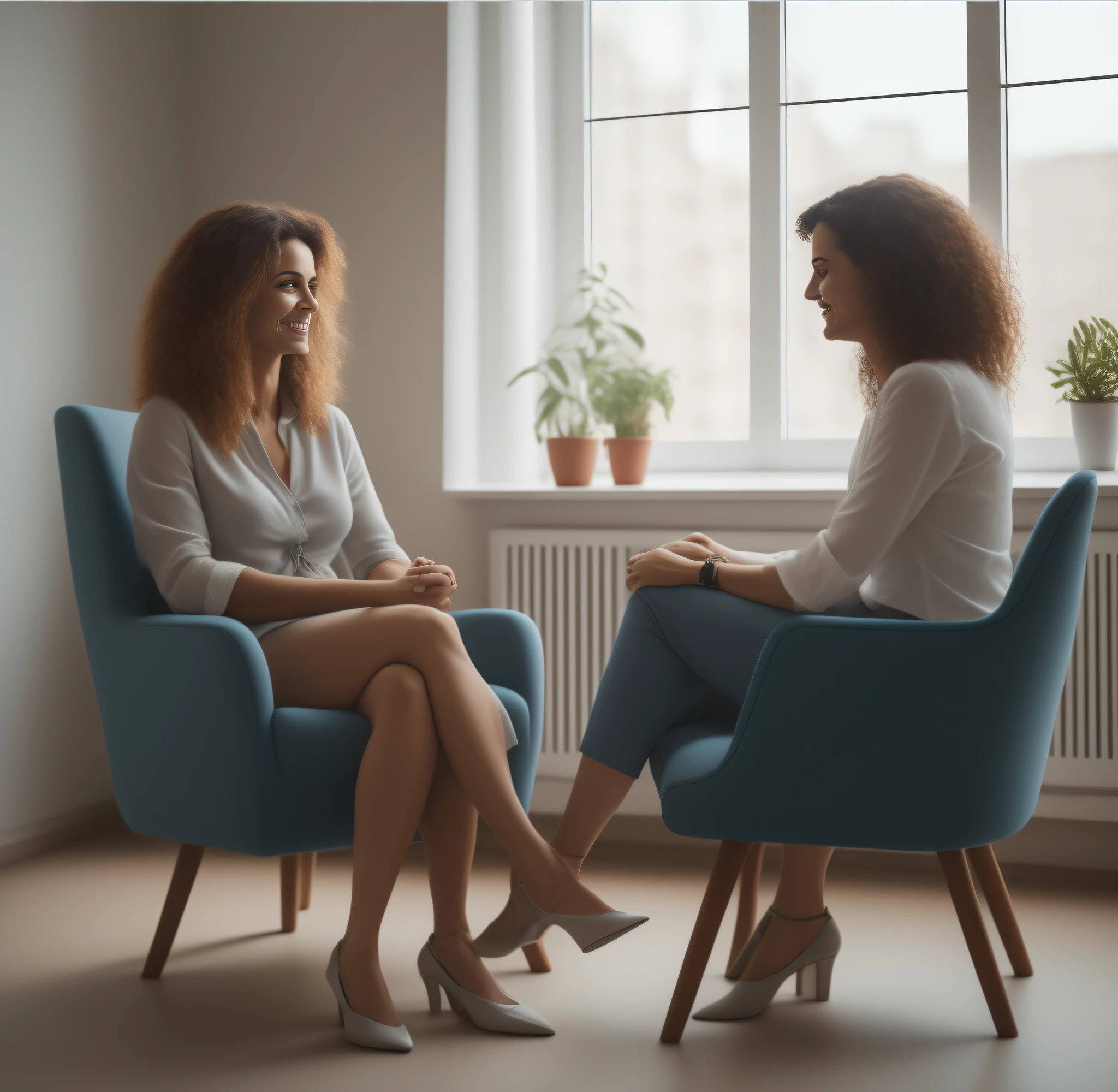 There's two women sitting on chairs talking in a room, calmamente conversando 8k, Are Woman, duas amigas sentados em uma sala, sentado em uma poltrona, olhando uma para a outra sem pensar, sorriso leve, compreensivo, dando uma entrevista, woman is sitting, sentado em uma cadeira, Sentado na cadeira, duas mulheres, Shutterstock, Foto de Stock, advertising photo, sentado em um lounge