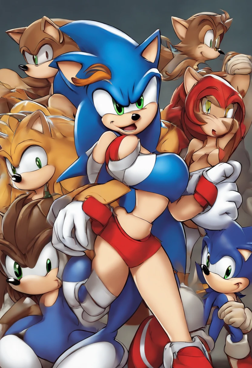 Female Sonic the Hedgehog costume with big naked boobs in gang bang sex semen cum nsfw version handjob cumshot threesome one girl cowgirl
