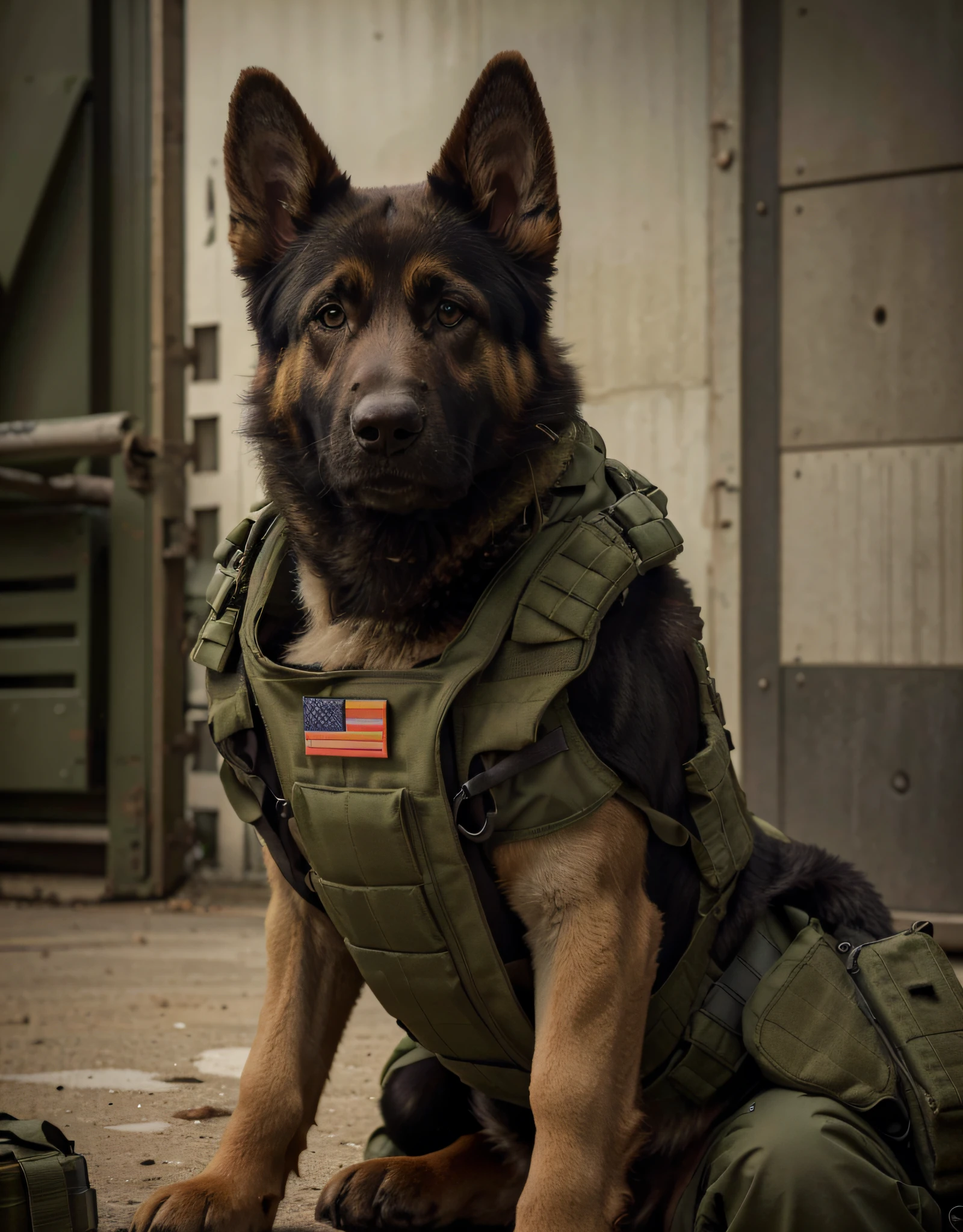 beautiful German shepherd dog, wearing an olive green bulletproof vest, is outside a US military base, dark colors, Ultra detailed, Hyper realistic, 4k, Ultra detailed image, realistic, Highly detailed, perfect composition, beautiful intricately detailed incredibly detailed, 8K fine art photography, hyper detailed, Masterpiece