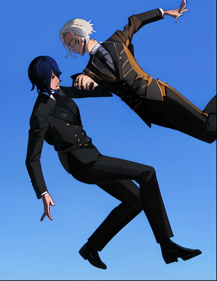 2chicos, 2cabellos medio cortos, pelando, 2trajes elegantes, pose de pelea