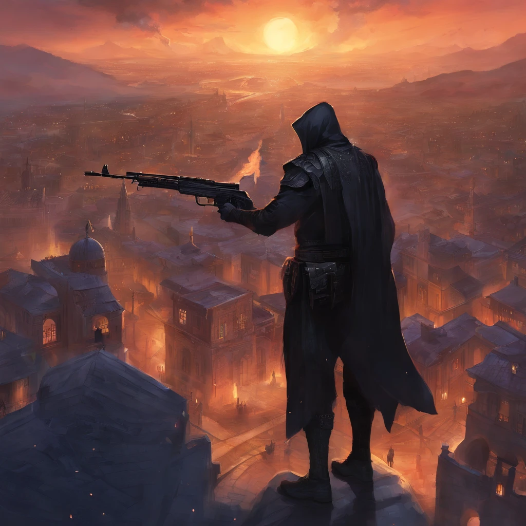 Man dressed all in black pointing to an AK47 in each hand to the camera with a black night background in the middle of the city at war, cena de guerra, retrato de alta qualidade, contra um fundo preto profundo, CSGO2, CSGO