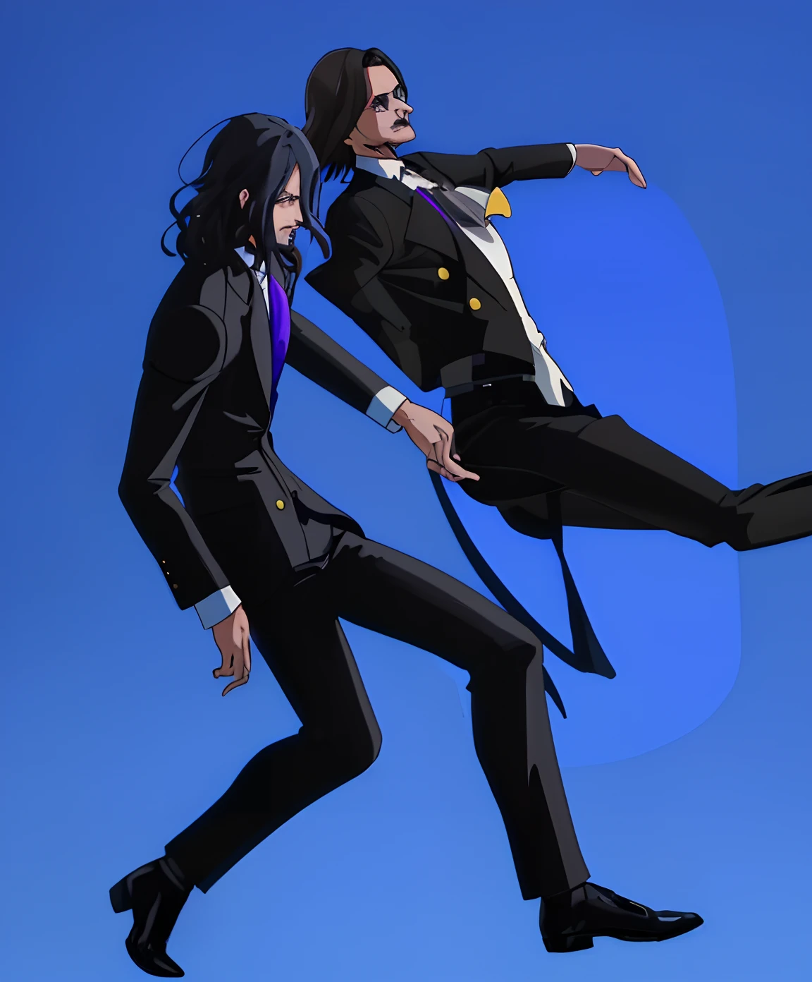 2chicos, peleando, cabello medio largos, pose de pelea, traje elegante