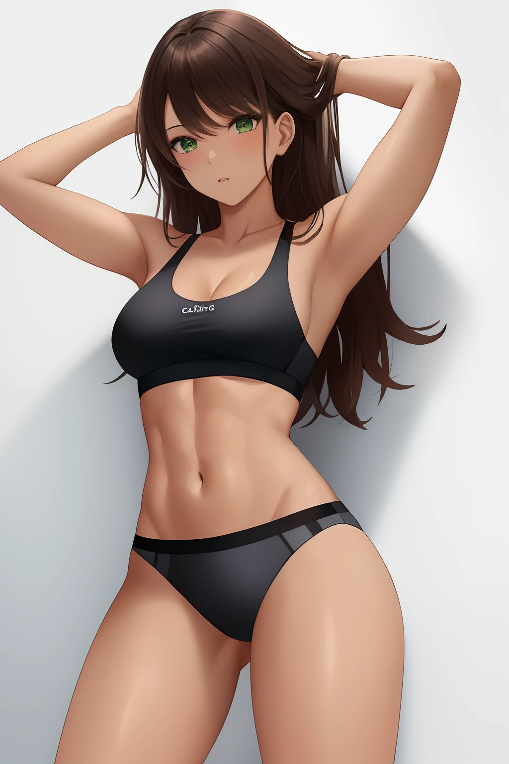 young woman in a photo shoot, white backdrop, wearing Calvin Klein underwear, jet black sports bra and underwear with waistband, slightly tanned skin, athletic body with toned muscles, one hand on hips, long dark brown hair, green eyes