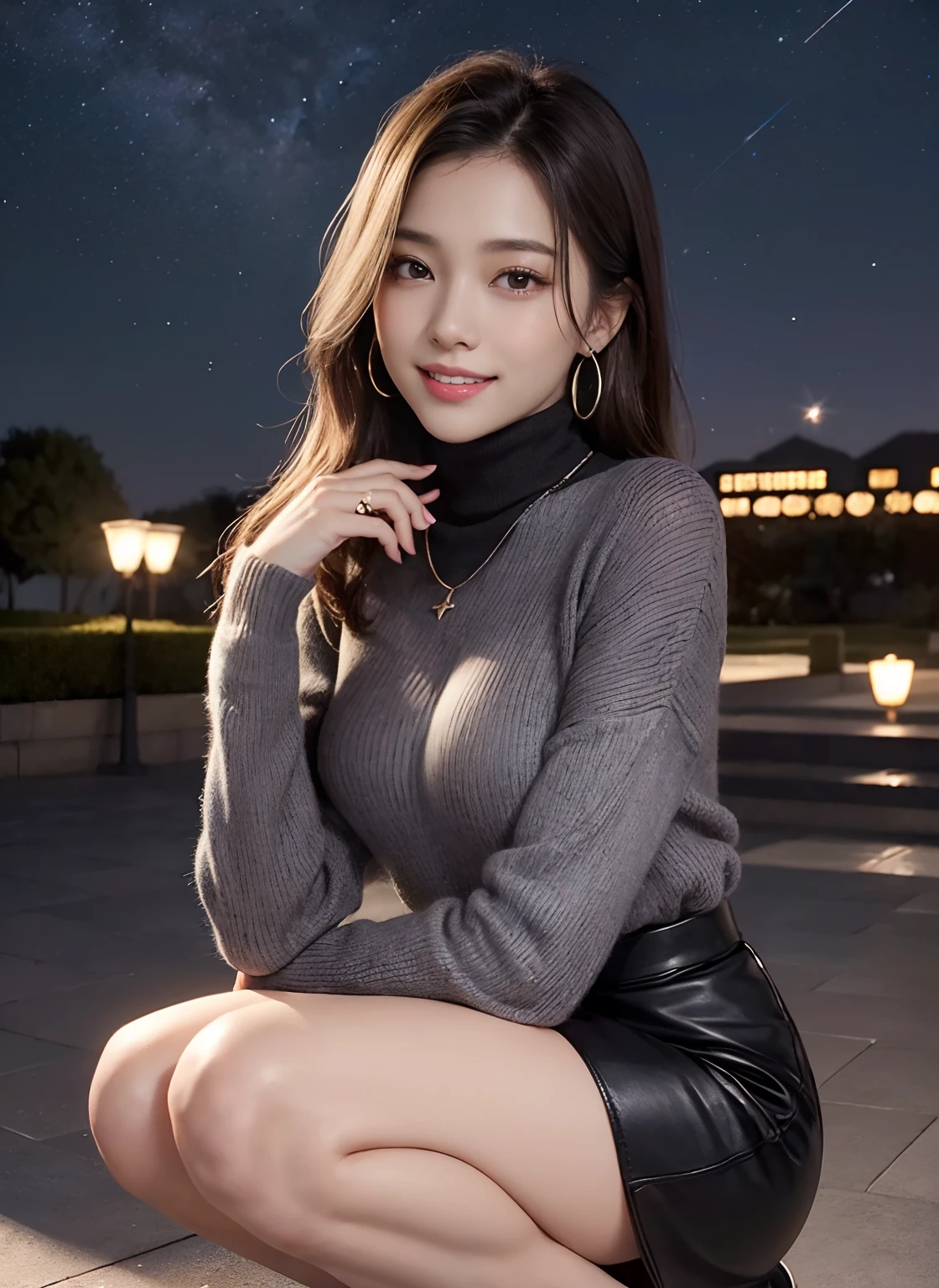 /*Quality writing*/
of the highest quality, 80 K, masutepiece, hyperdetailed face, very detailed lips, Detailed eyes, Realistic pupils,Extra-slender legs
break,
/*Characters and expressions*/
(Extremely beautiful girl:1.3), Asian Girl, 1 girl, Light on Face, 18 years old, (((Very sweet smile))), (Perm long hairstyles)
BREAK
/*garments*/
(Grey Turtleneck Sweater),(The most gorgeous necklaces in the world), (The most gorgeous earrings in the world),(Black leather skirt),
BREAK  
/*Pose*/
(Crouching), nice hand, Perfect hands, Full body,(shoes),break
/*Angular posture*/
(Sparkling night sky:1.2), Looking at Viewer