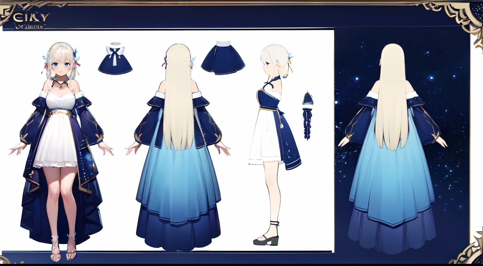 Masterpiece, Best Quality, 1girl, mature lady, solo, really long hair, white hair braided, off shoulder dress, blue starry sky dress, accessories, light blue eyes, (Reference sheet),(Model sheet)