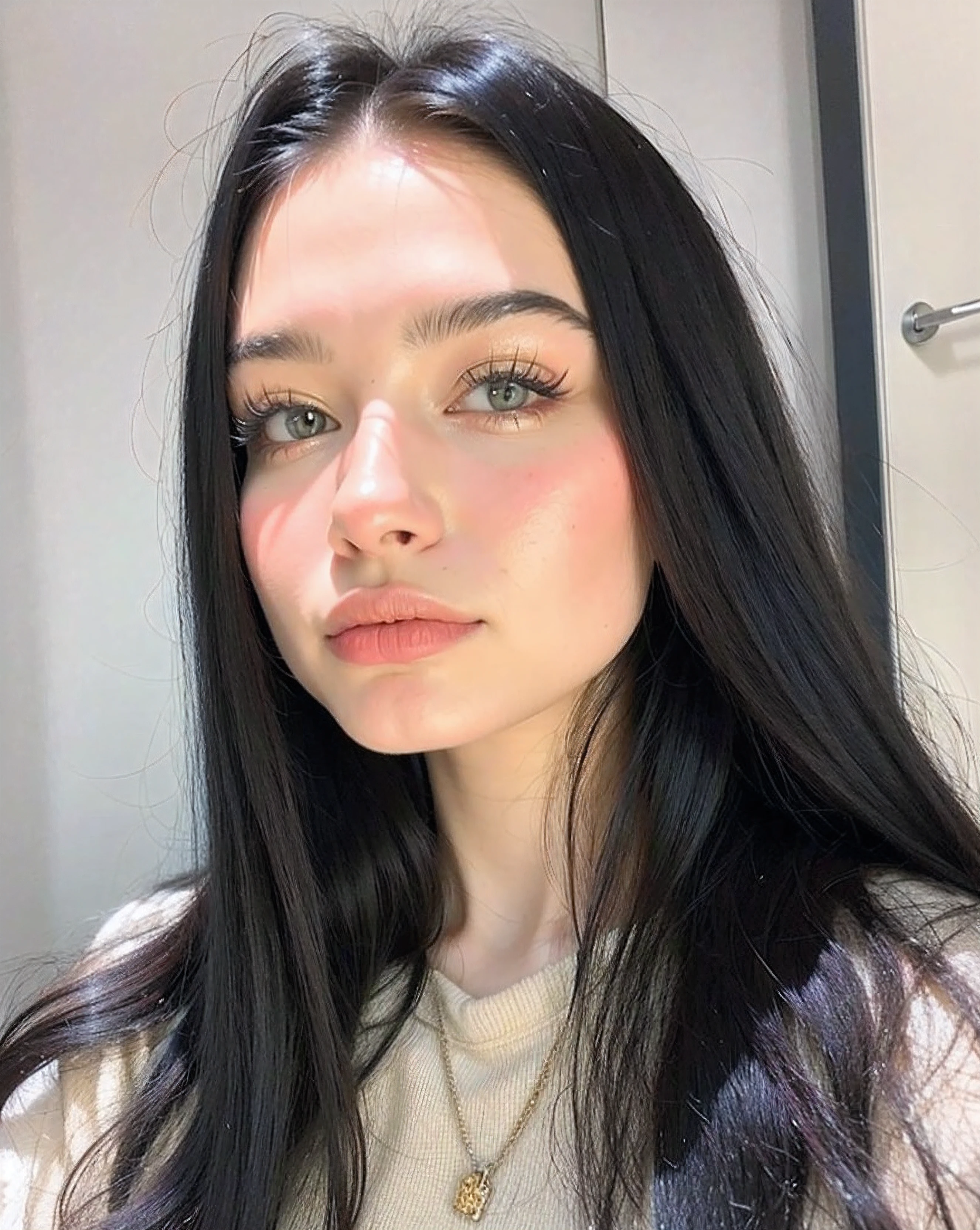 Un primer plano de una mujer con cabello largo y negro y un collar, 18 years old, pale fair skin!!, Anna Nikolanova aka Newmilky, with pale skin, 1 6 years, pale ivory skin, pale-skinned persian girl, 19 year old girl, piel blanca muy, very very pale, Cara perfecta ), pale, shiny skin