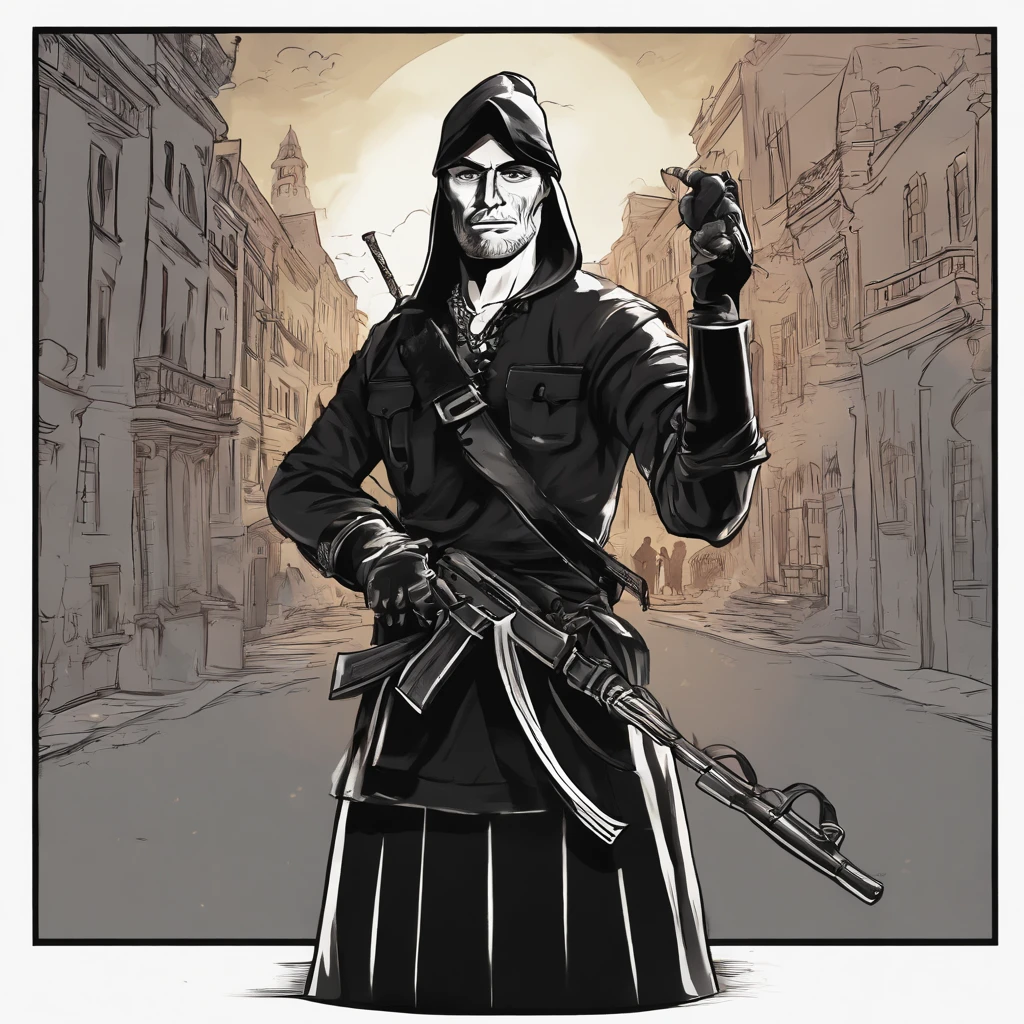 Man dressed all in black pointing to an AK47 in each hand to the camera with a black night background in the middle of the city at war, cena de guerra, retrato de alta qualidade, contra um fundo preto profundo, CSGO2, CSGO