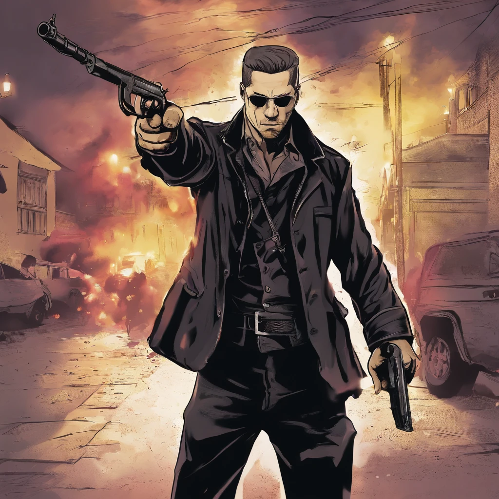 Man dressed all in black pointing to an AK47 in each hand to the camera with a black night background in the middle of the city at war, cena de guerra, retrato de alta qualidade, contra um fundo preto profundo, CSGO2, CSGO