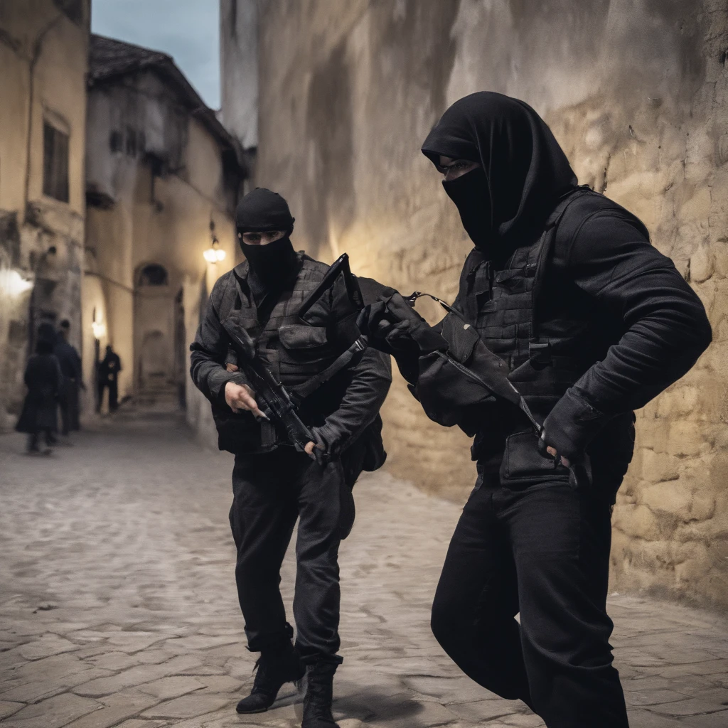 Man dressed all in black pointing to an AK47 in each hand to the camera with a black night background in the middle of the city at war, cena de guerra, retrato de alta qualidade, contra um fundo preto profundo, CSGO2, CSGO